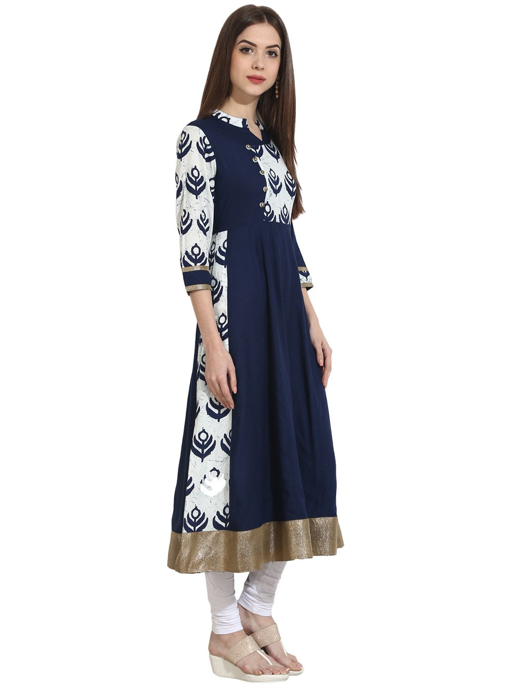 Women's Navy Blue With Printed Yoke 3/4Th Sleeve Cotton Anarkali - Nayo Clothing