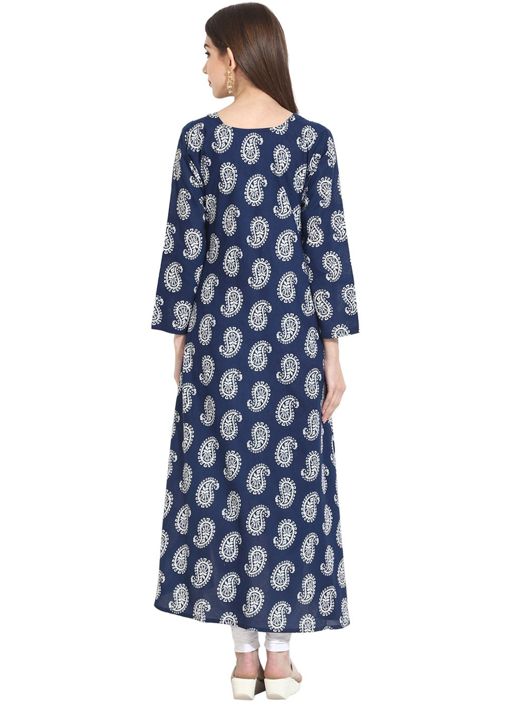Women's Blue Indigo Theme Printed 3/4Th Sleeve Assymetrical Rayon Kurta - Nayo Clothing