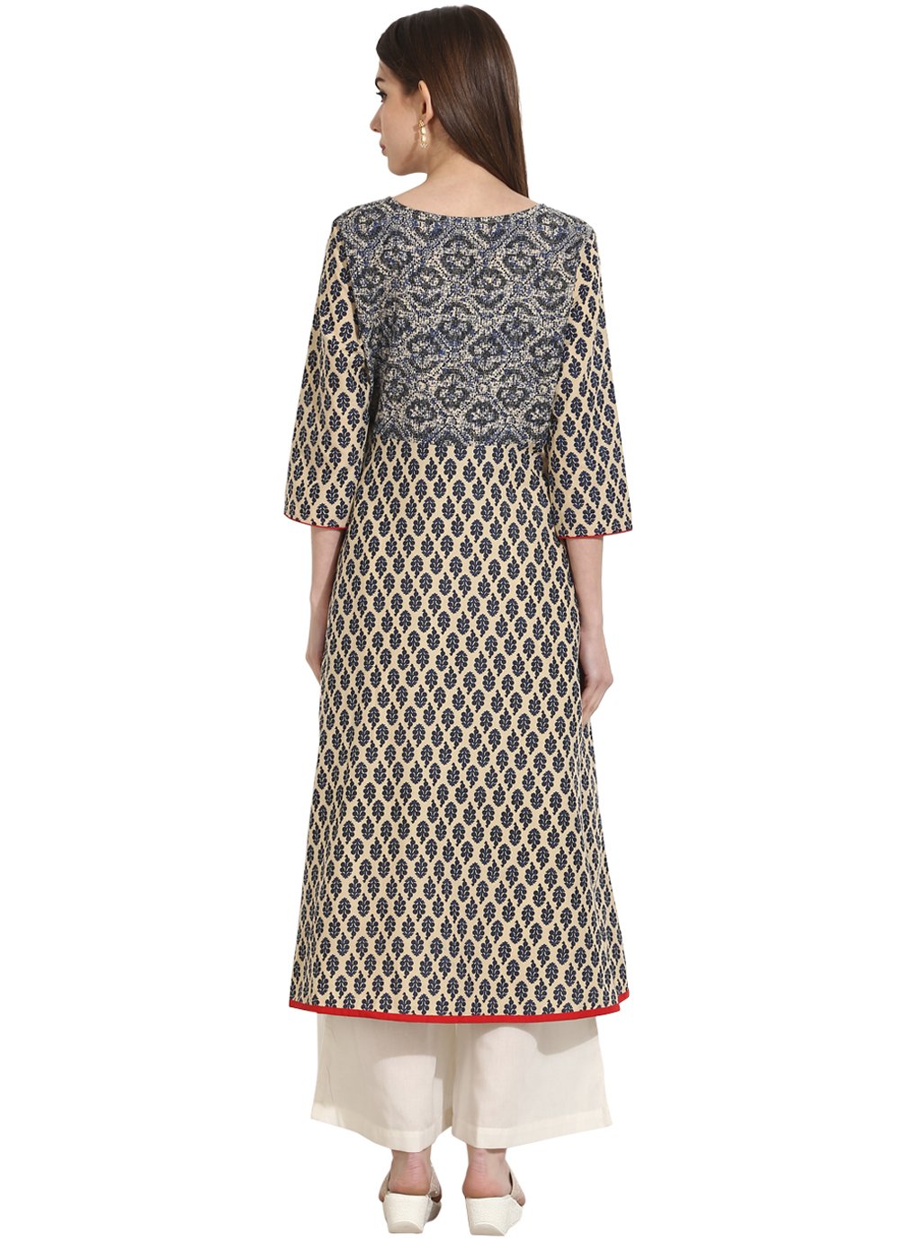 Women's Beige Color 3/4Th Sleeve Cotton A-Line Kurta - Nayo Clothing