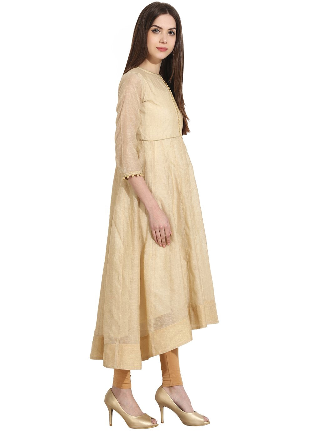 Women's Beige 3/4Th Sleeve Khadi Anarkali Kurta - Nayo Clothing