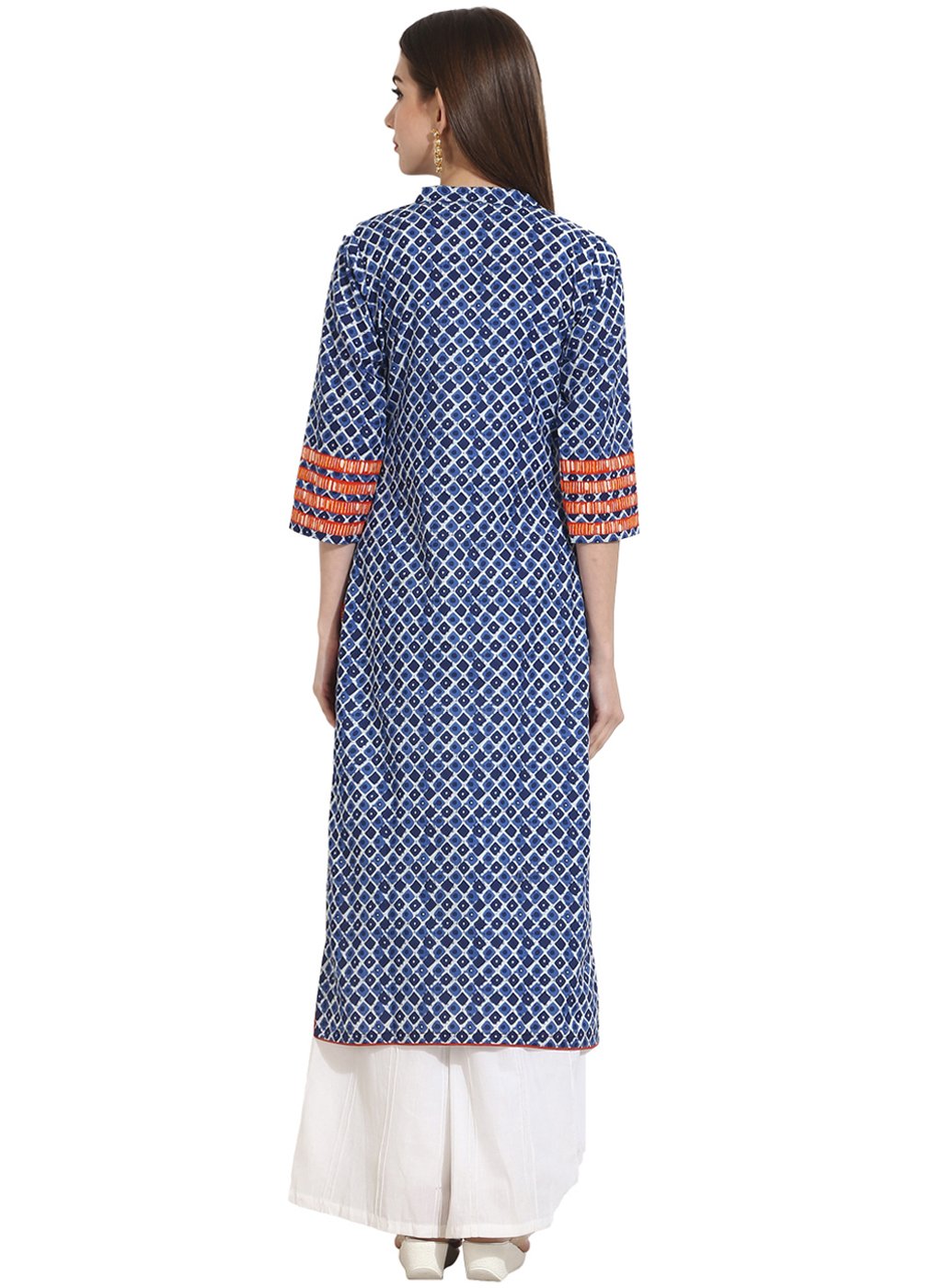 Women's Indigo Blue Printed 3/4Th Sleeve Cotton Kurta - Nayo Clothing