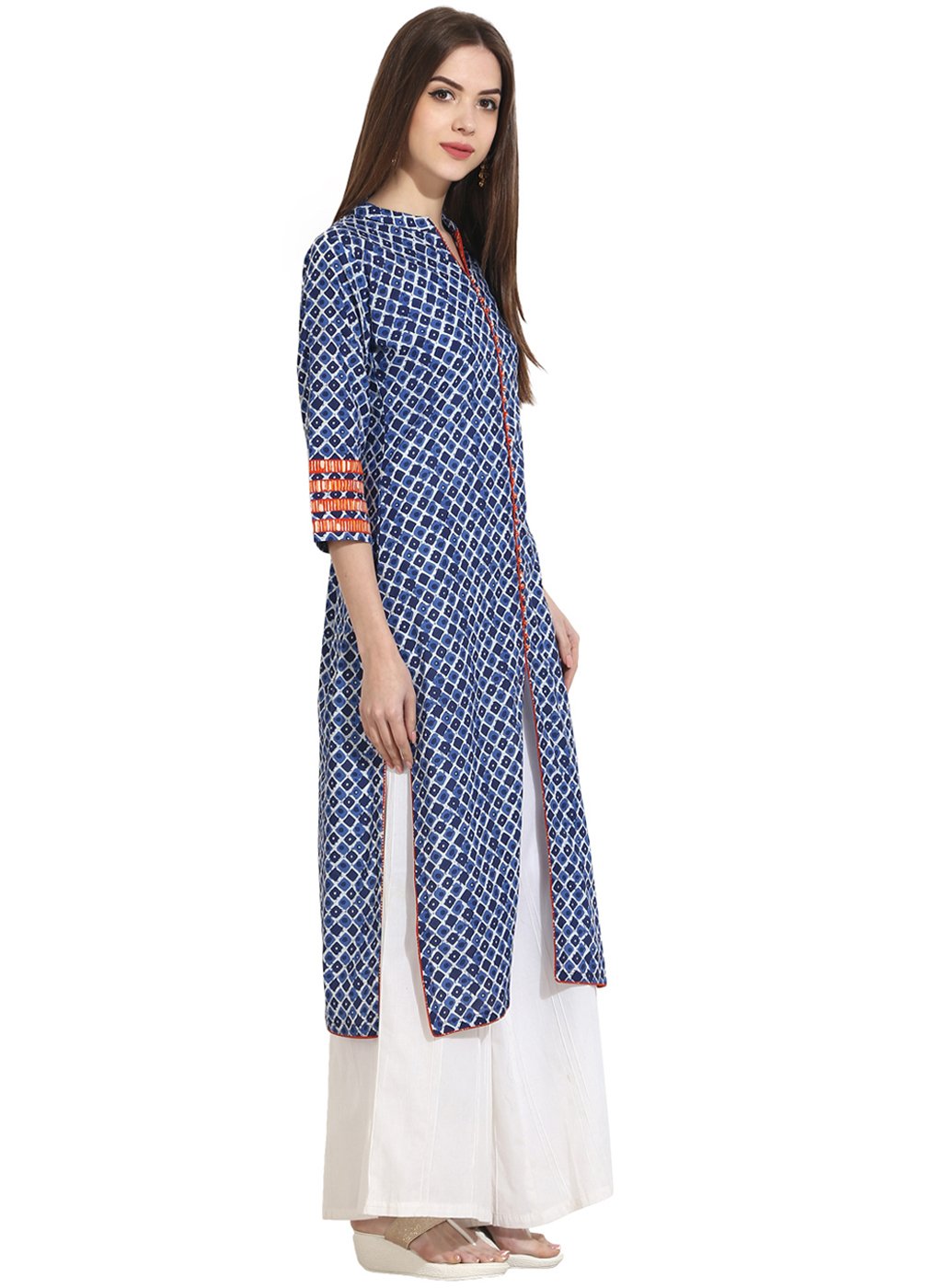 Women's Indigo Blue Printed 3/4Th Sleeve Cotton Kurta - Nayo Clothing