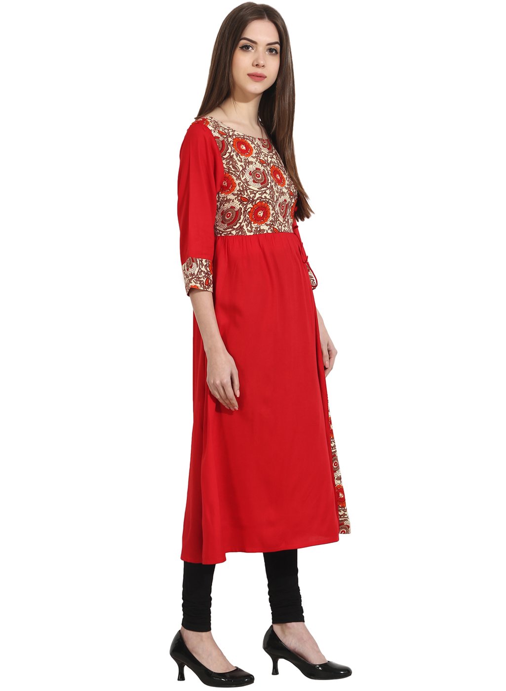 Women's Red 3/4Th Sleeve Yoke Printed Cotton Kurta - Nayo Clothing