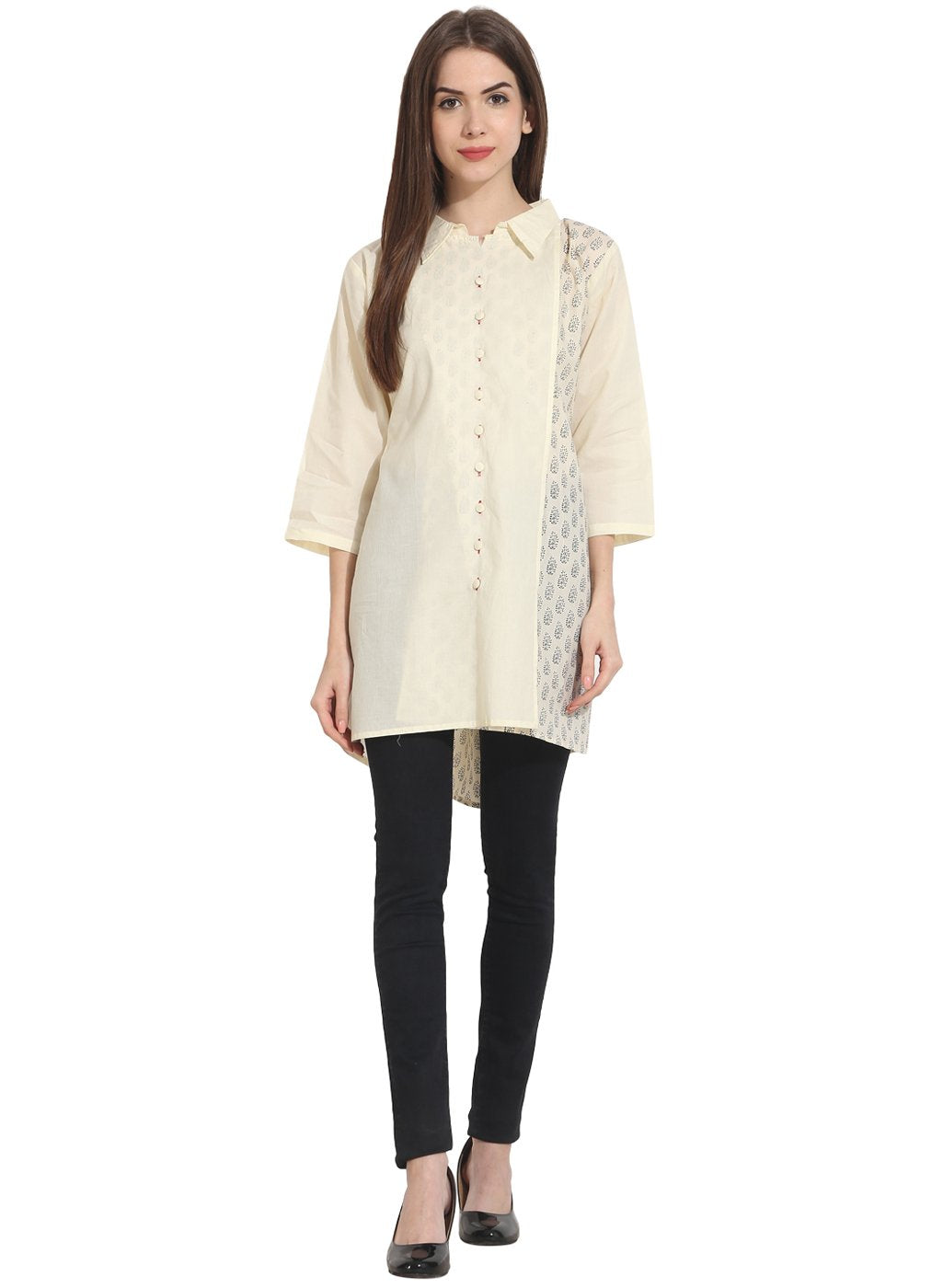 Women's Cream Color 3/4 Sleeve Cotton Tunics - Nayo Clothing