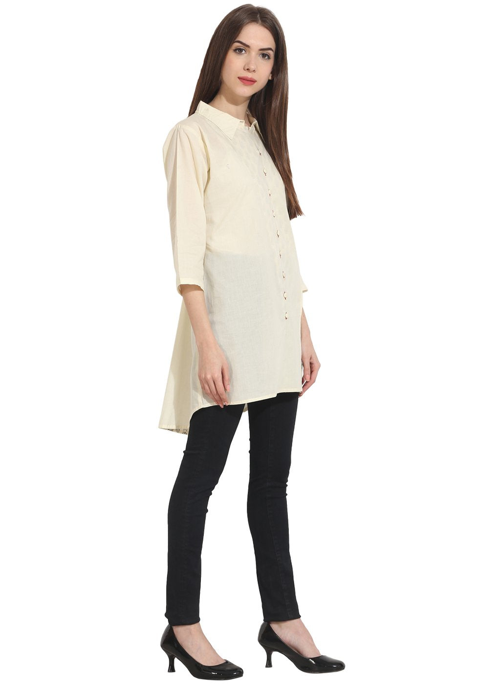 Women's Cream Color 3/4 Sleeve Cotton Tunics - Nayo Clothing
