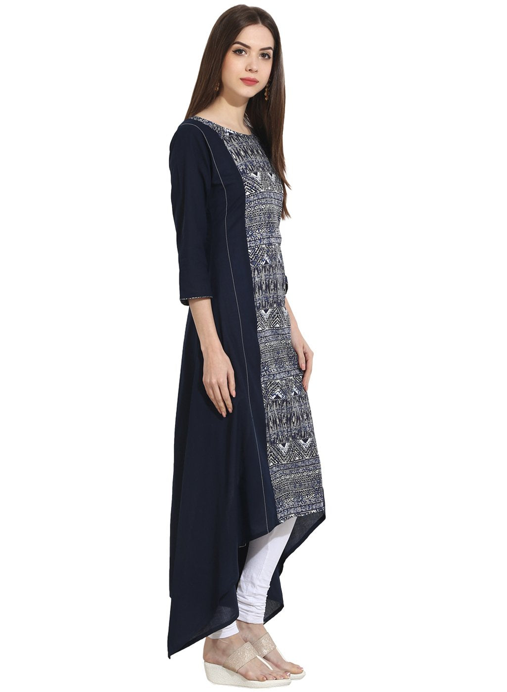 Women's Blue 3/4Th Sleeve Rayon Assymetrical Kurta - Nayo Clothing