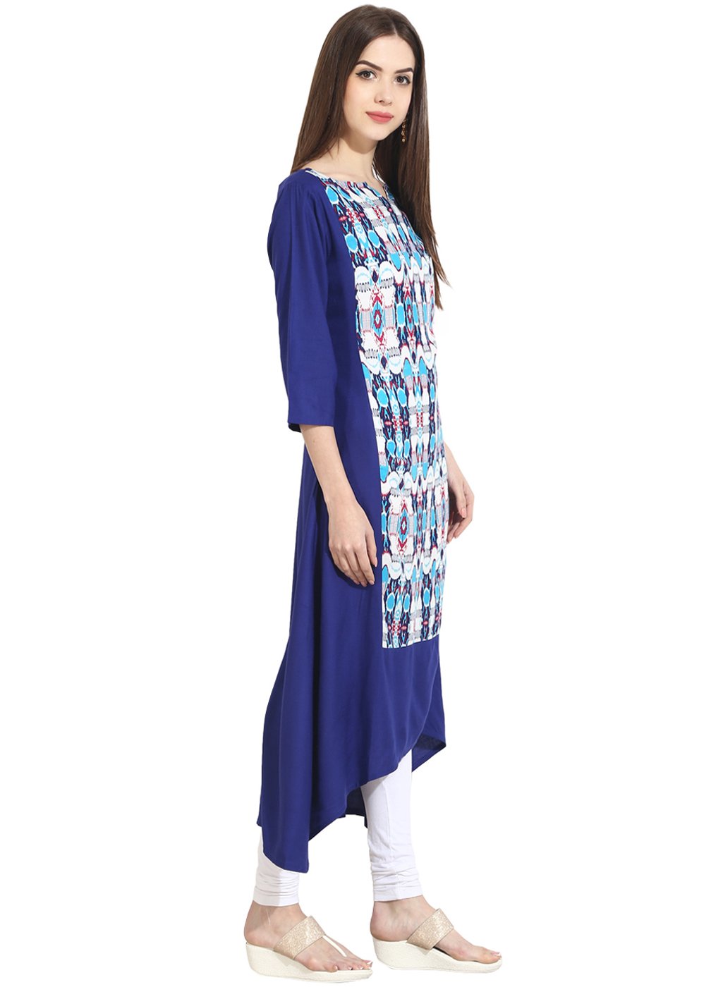 Women's Blue 3/4Th Sleeve Low-High Rayon Kurta - Nayo Clothing