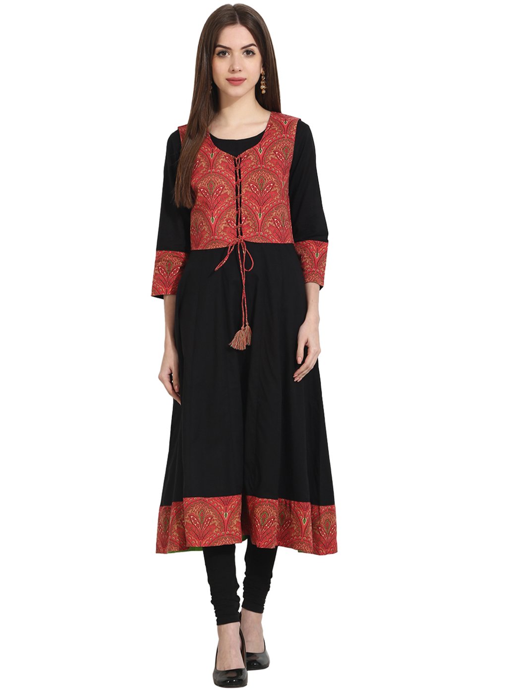 Women's Black 3/4Th Sleeve Anarkali Kurta With Printed Jacket - Nayo Clothing