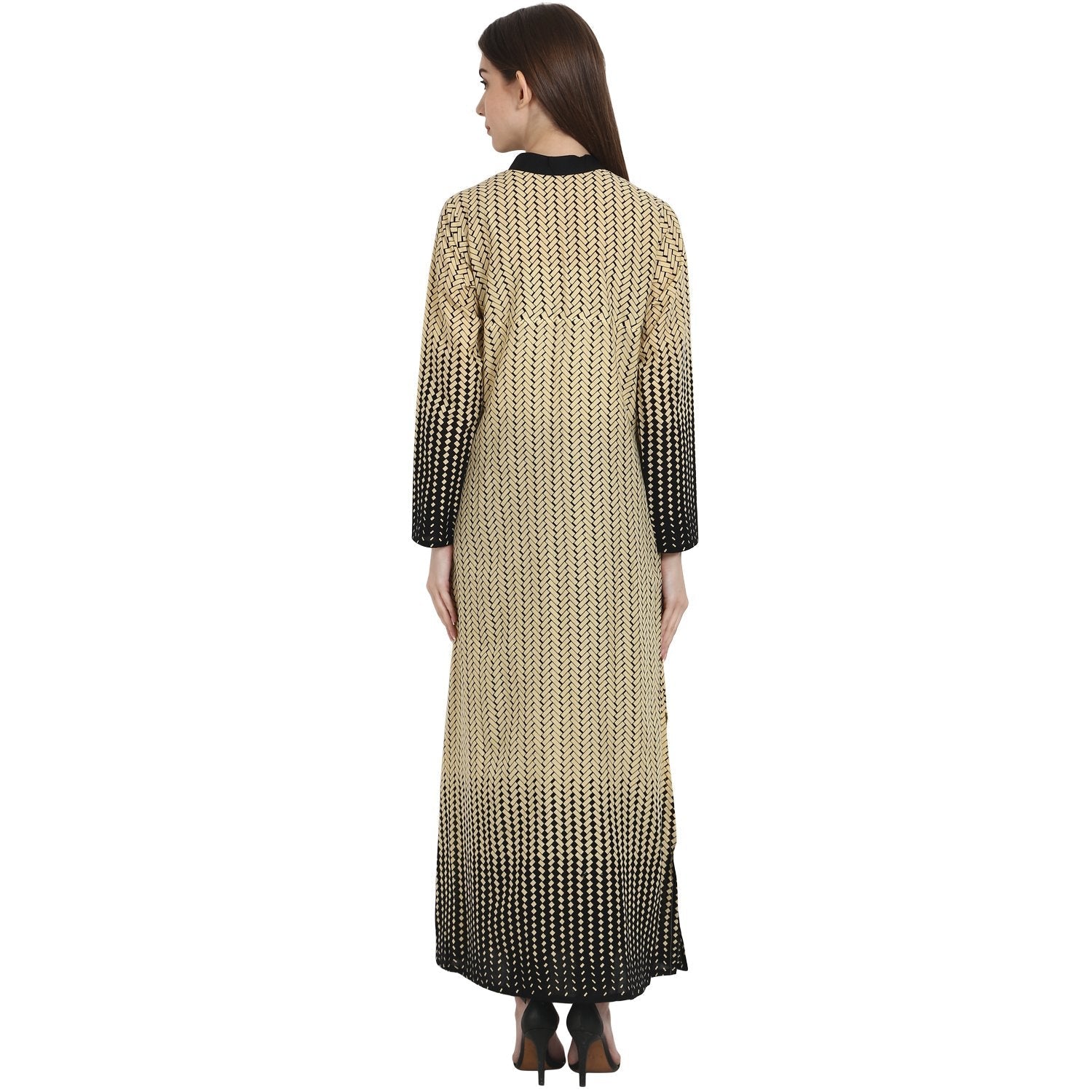 Women's Beige & Black Printed Full Sleeve Ankle Length Cotton Kurta - Nayo Clothing
