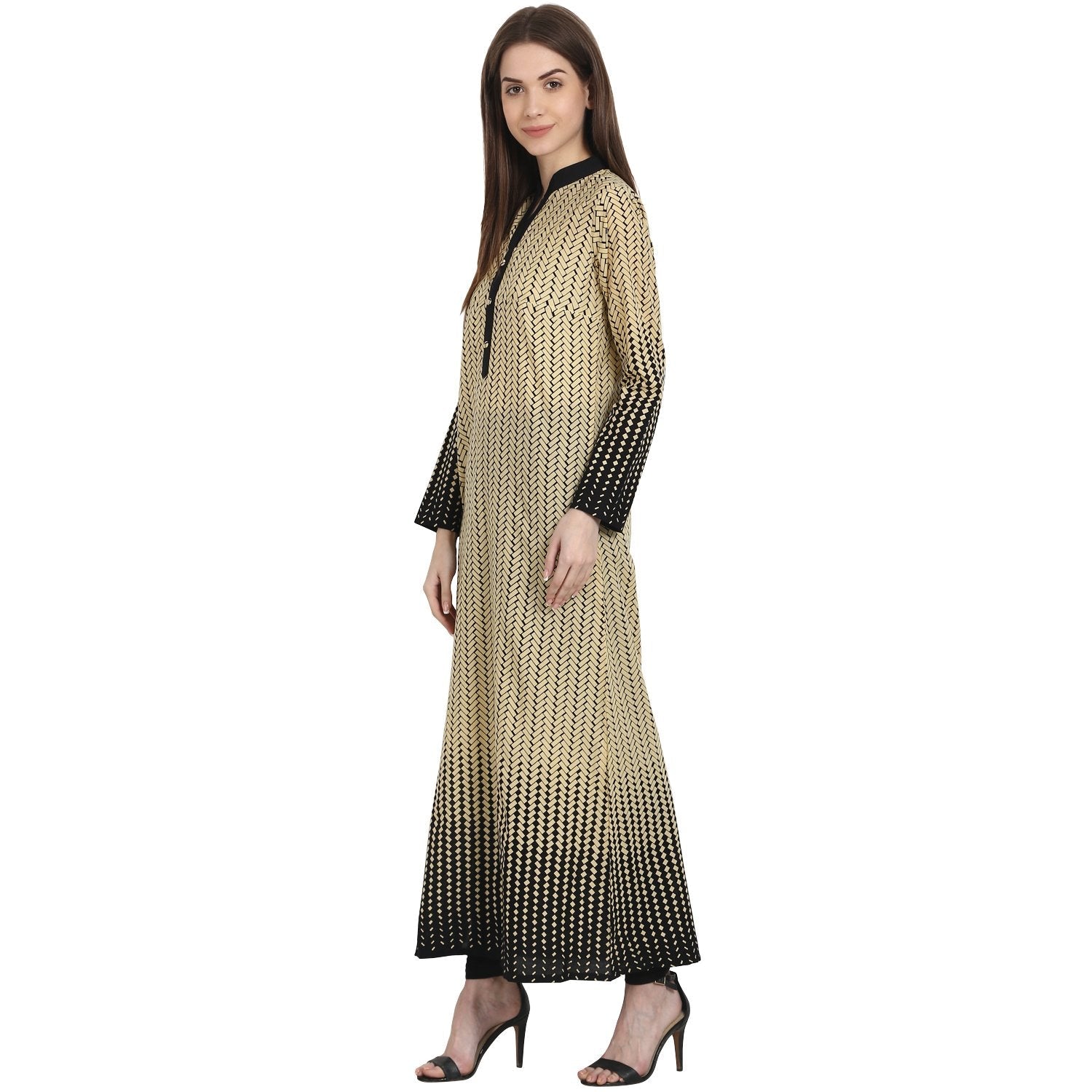 Women's Beige & Black Printed Full Sleeve Ankle Length Cotton Kurta - Nayo Clothing