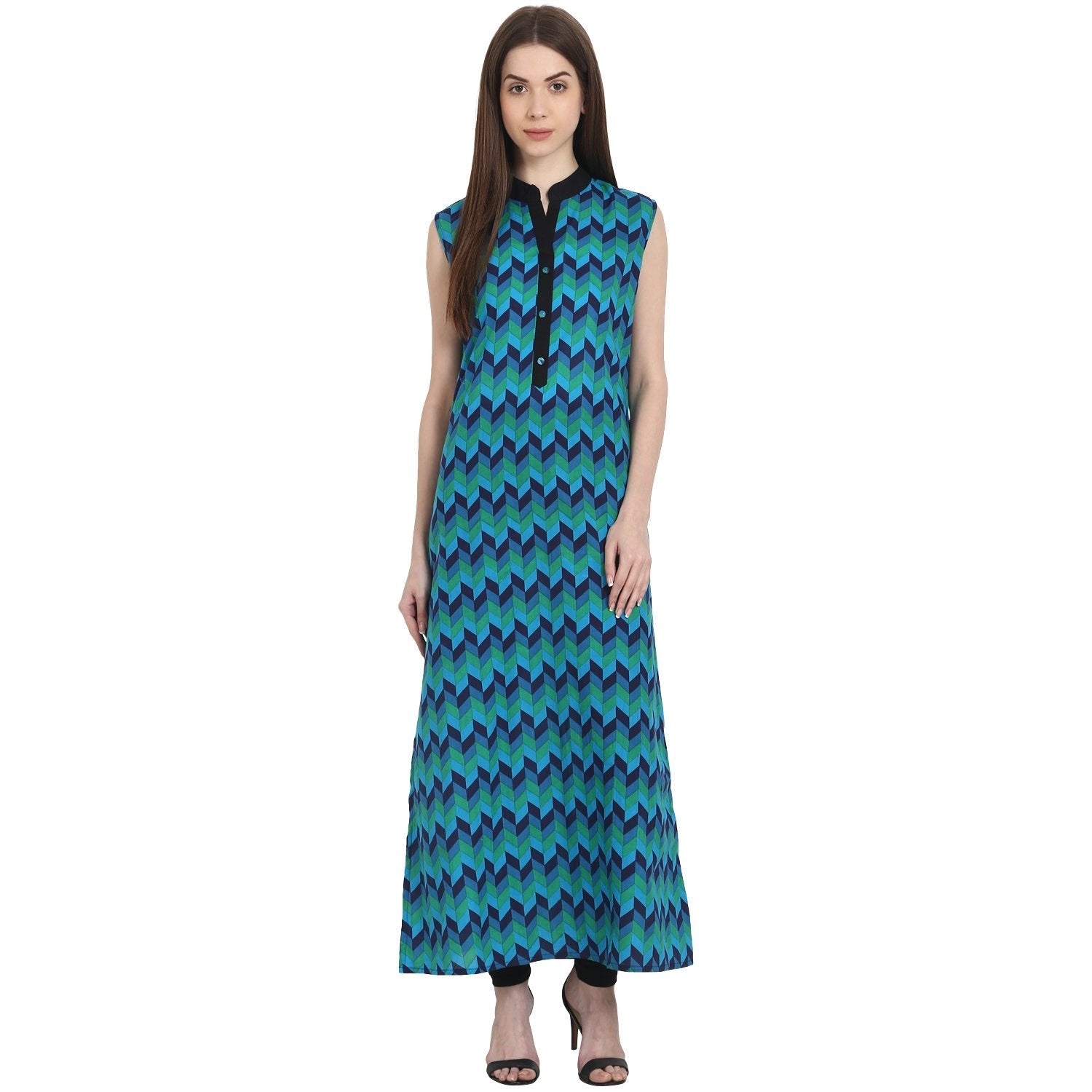 Women's Blue Printed Sleevless Ankle Length Kurta - Nayo Clothing