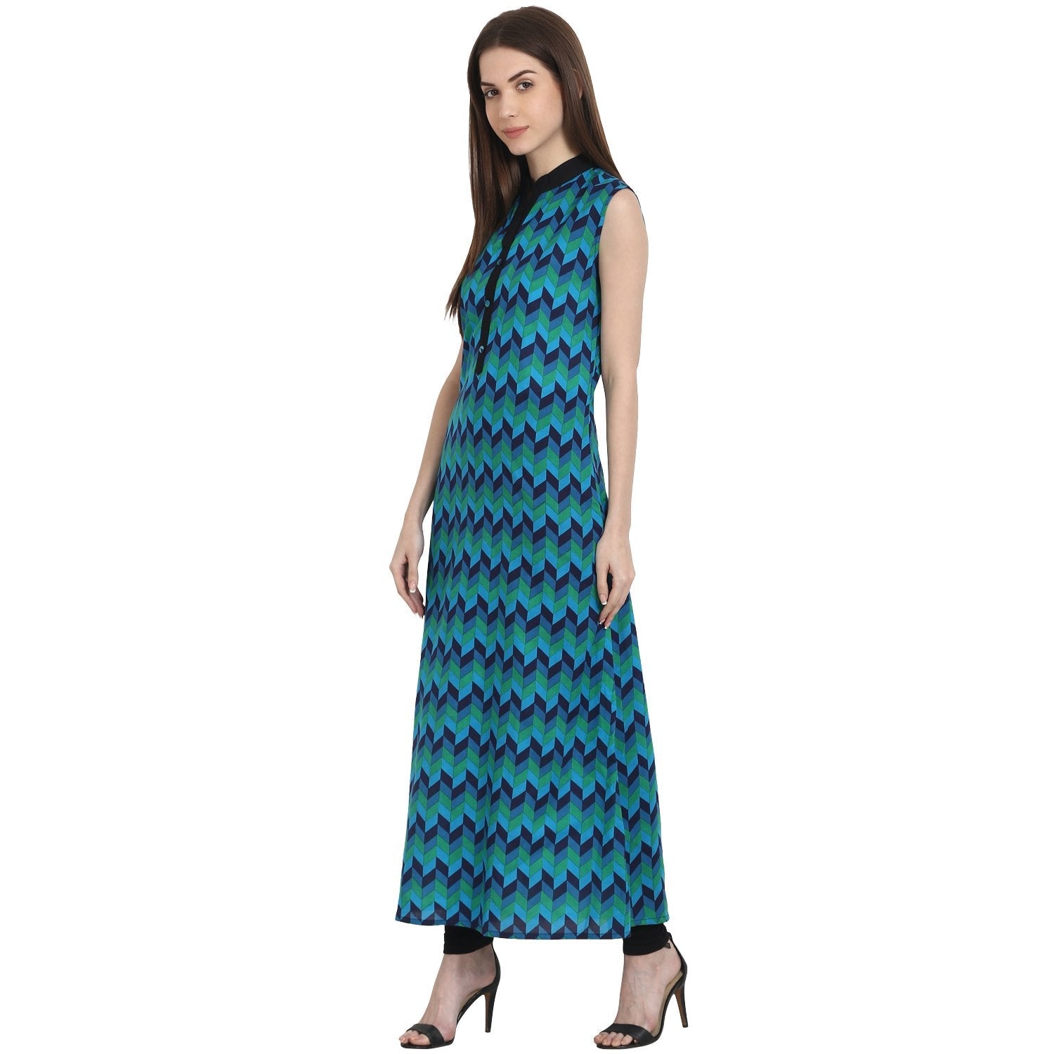 Women's Blue Printed Sleevless Ankle Length Kurta - Nayo Clothing