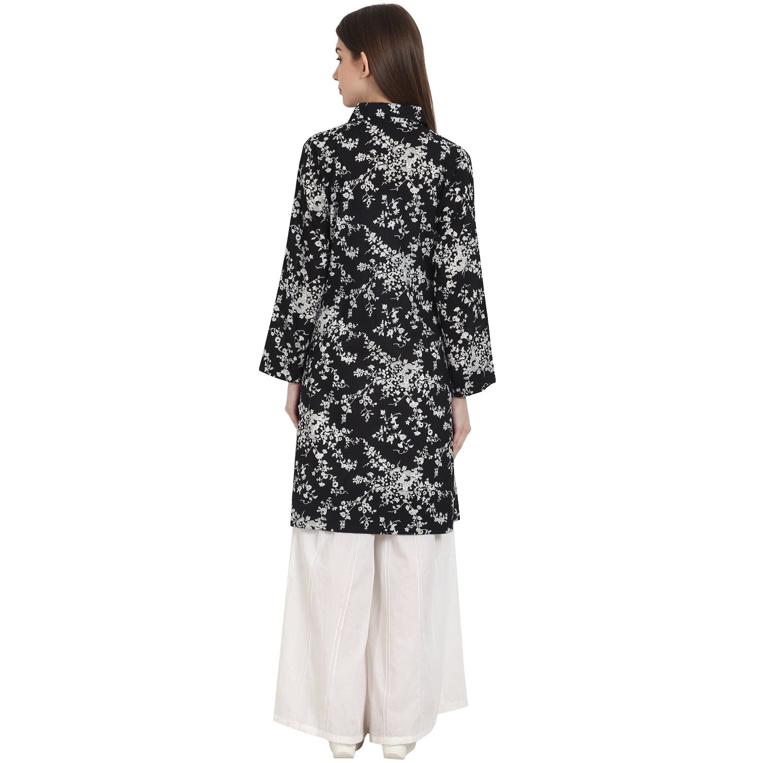 Women's Black Printed Full Sleeve Front Open Cotton Tunics - Nayo Clothing