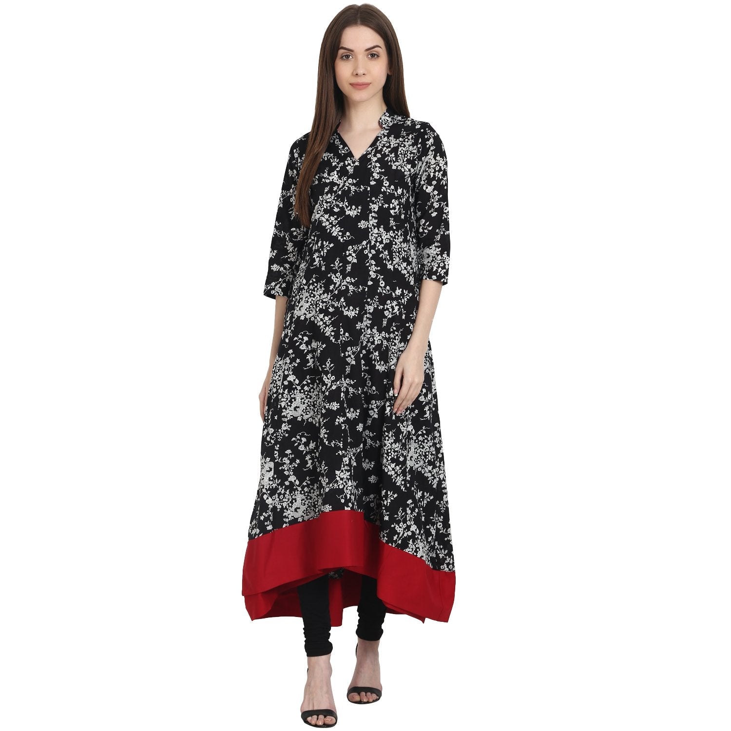 Women's Black Printed 3/4 Sleeve Low High Cotton Anarkali Kurta - Nayo Clothing