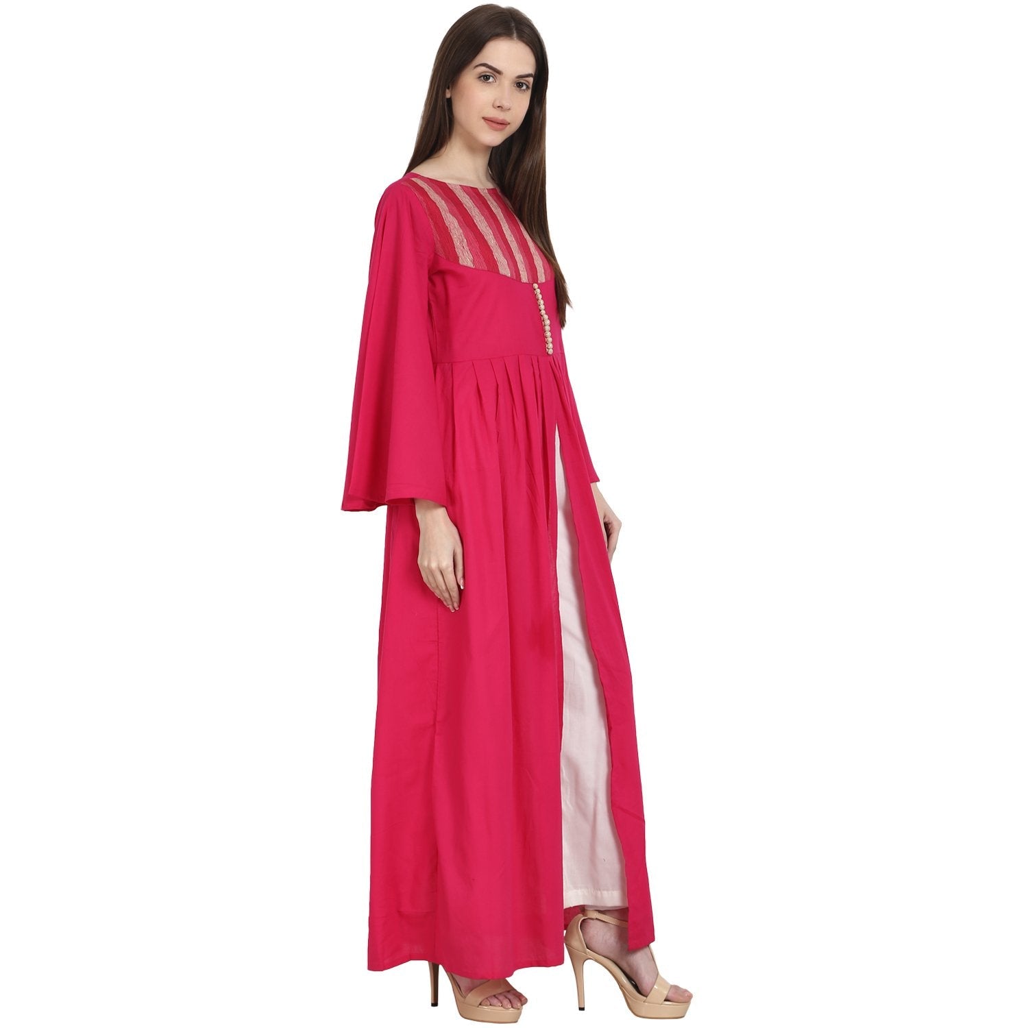 Women's Red Full Sleeve Rayon Front Open A-Line Kurta - Nayo Clothing