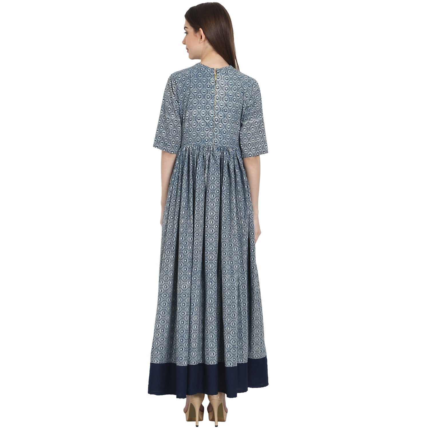 Women's Blue Printed Half Sleeve Cotton Anarkali Kurta - Nayo Clothing