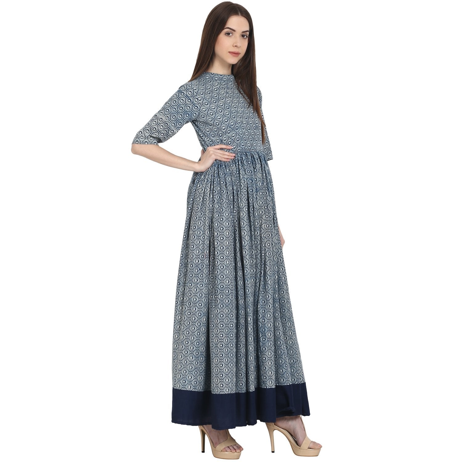 Women's Blue Printed Half Sleeve Cotton Anarkali Kurta - Nayo Clothing