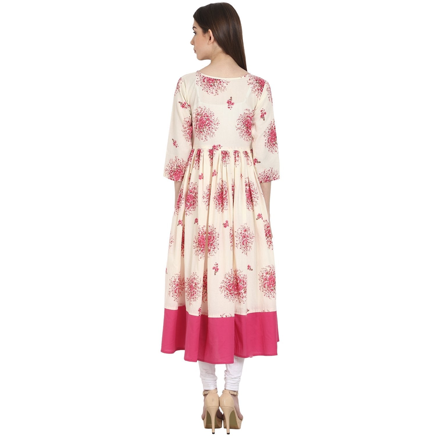 Women's Peach Printed 3/4 Sleeve Cotton Anarkali Kurta - Nayo Clothing