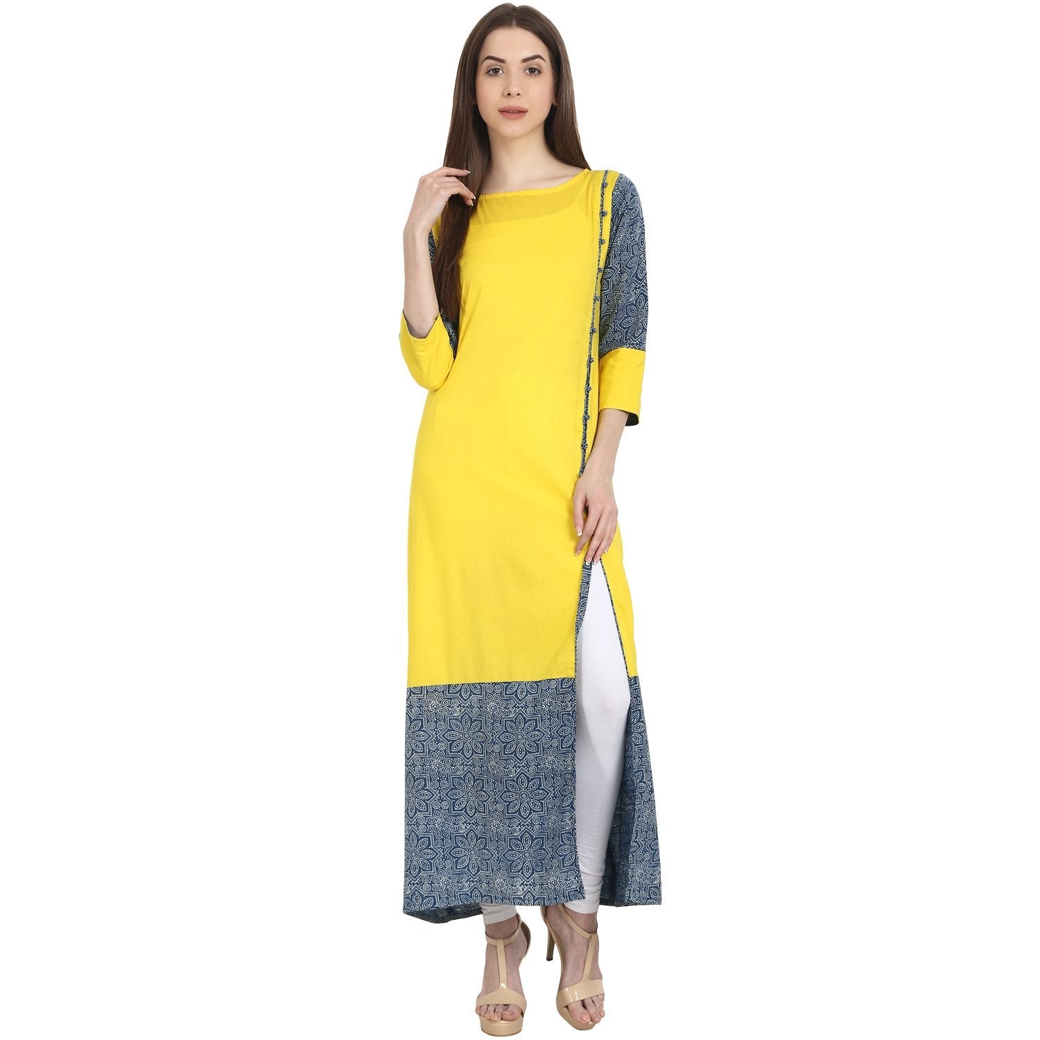 Women's Yellow & Blue 3/4 Sleeve Cotton Long Kurta - Nayo Clothing
