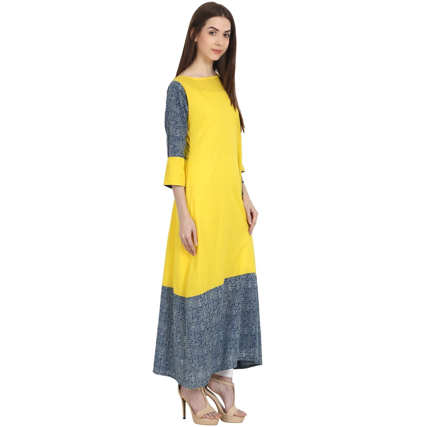 Women's Yellow & Blue 3/4 Sleeve Cotton Long Kurta - Nayo Clothing