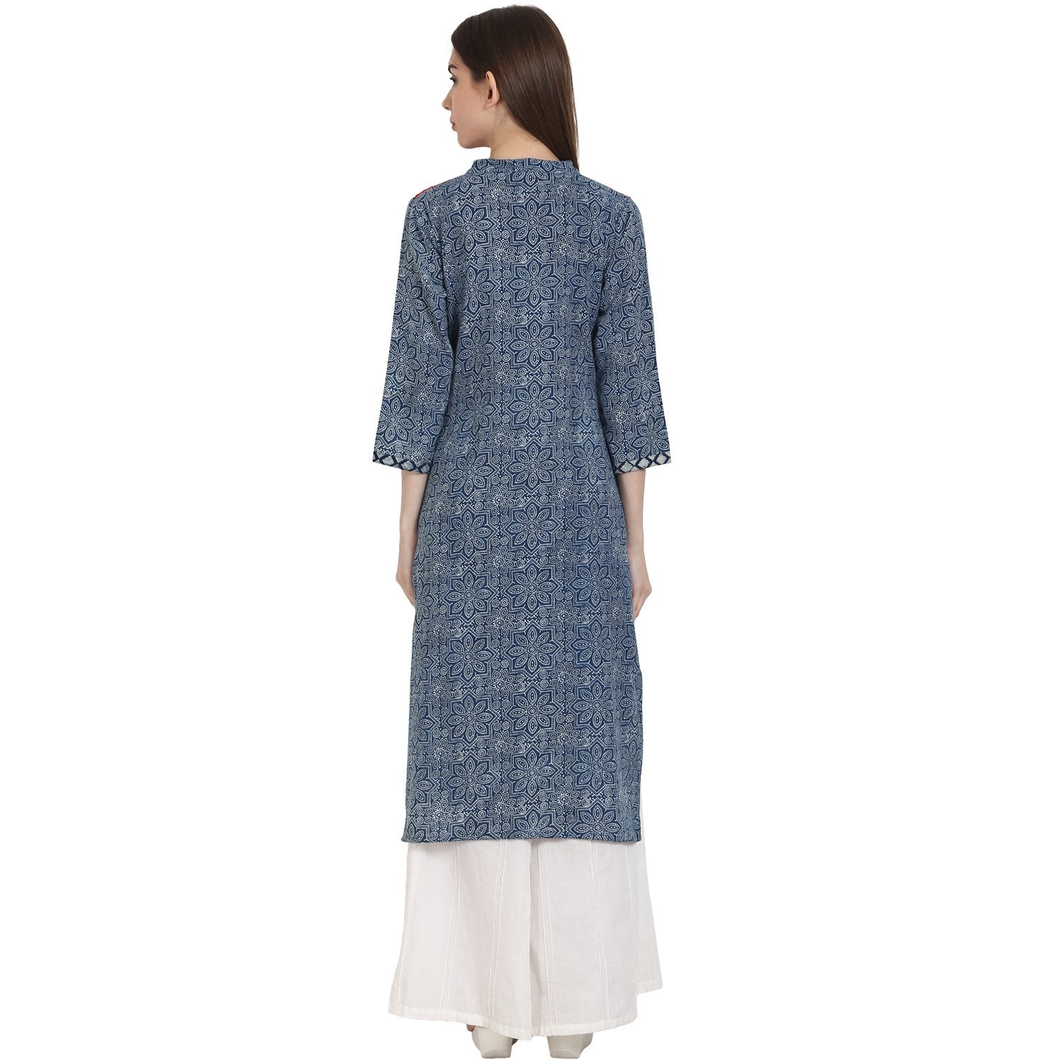 Women's Blue Printed 3/4 Sleeve Cotton Kurta - Nayo Clothing