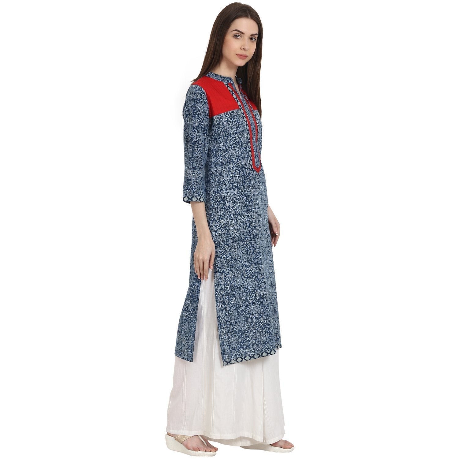 Women's Blue Printed 3/4 Sleeve Cotton Kurta - Nayo Clothing