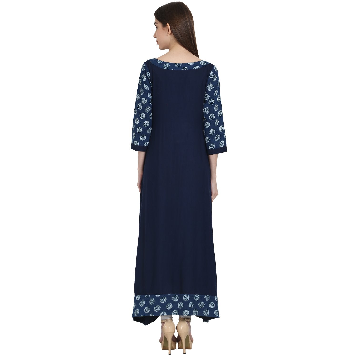 Women's Navy Blue 3/4 Sleeve Cotton Slub Long Kurta - Nayo Clothing
