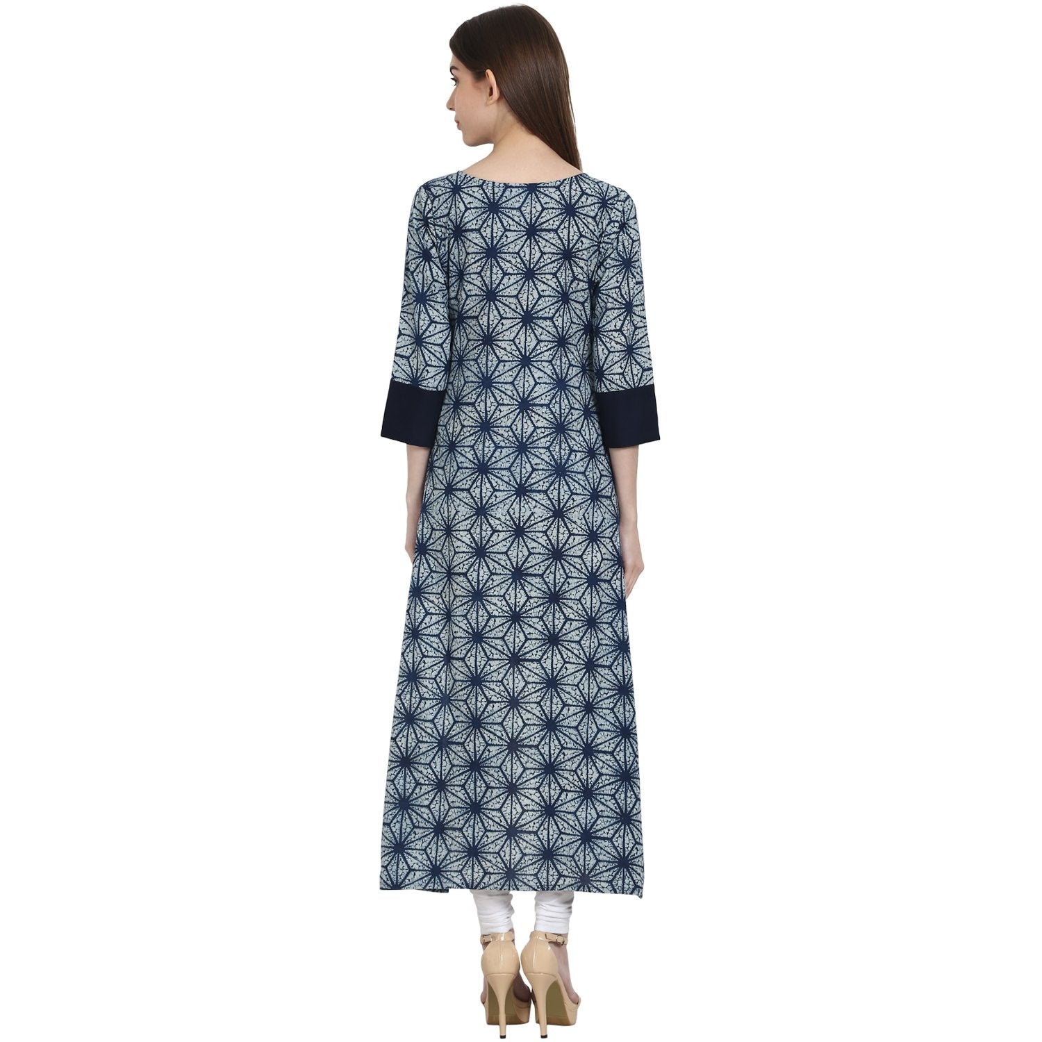 Women's Blue Printed 3/4 Sleeve Assymetrical Cotton Kurta - Nayo Clothing
