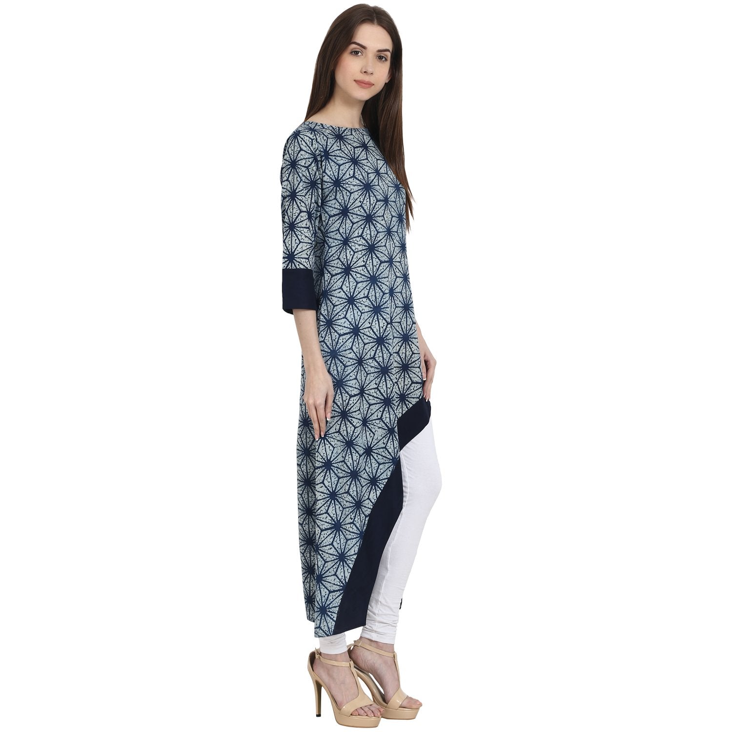 Women's Blue Printed 3/4 Sleeve Assymetrical Cotton Kurta - Nayo Clothing