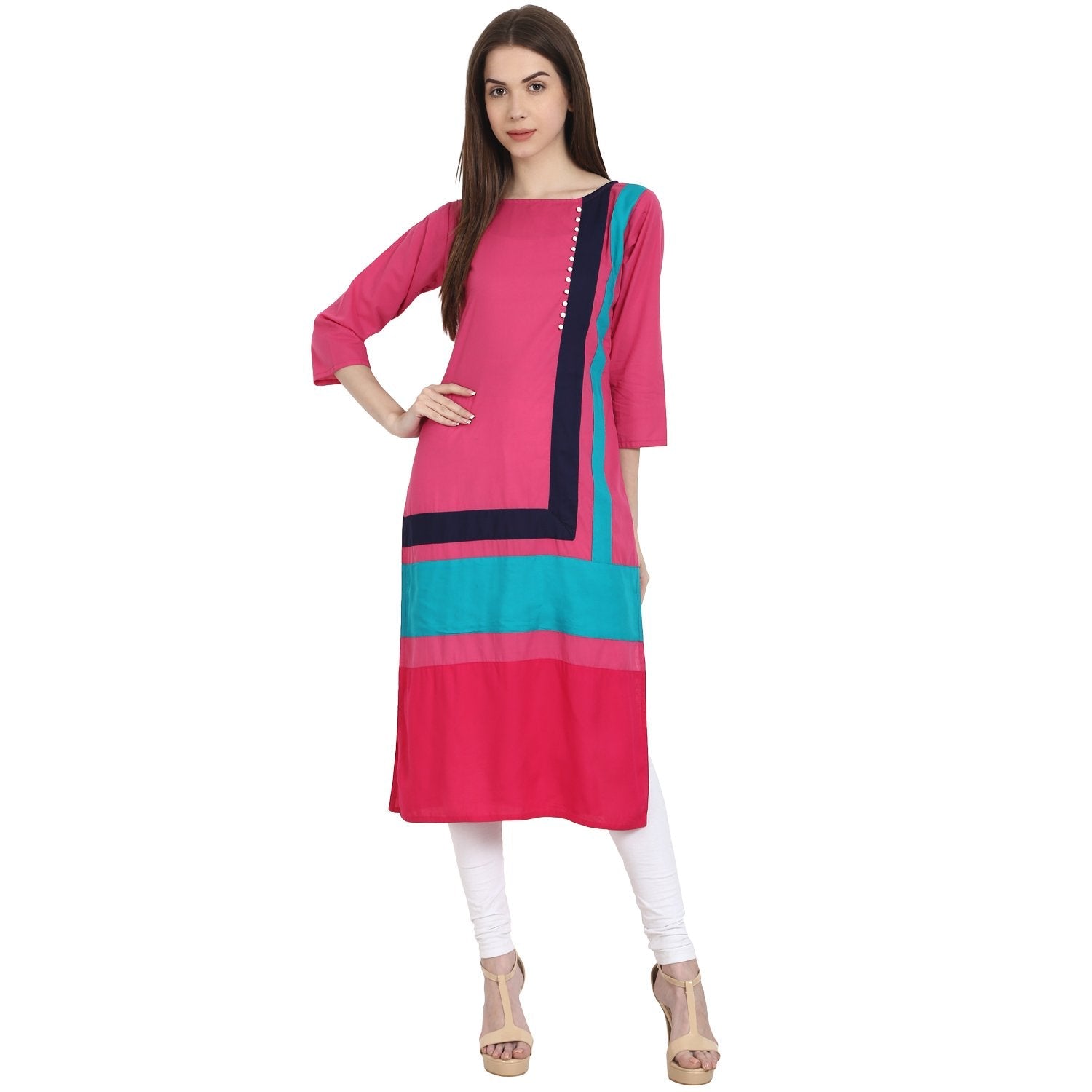 Women's Multi Color 3/4 Sleeve Cotton Kurta - Nayo Clothing