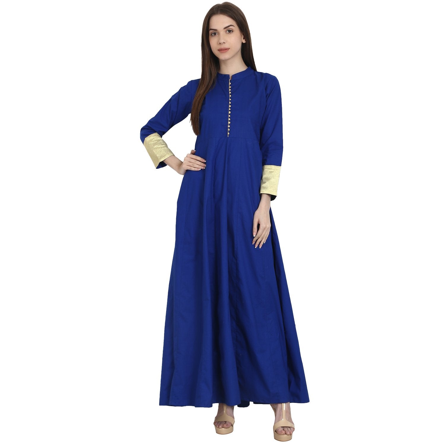 Women's Blue 3/4 Sleeve Cotton Floor Length Anarkali Kurta - Nayo Clothing