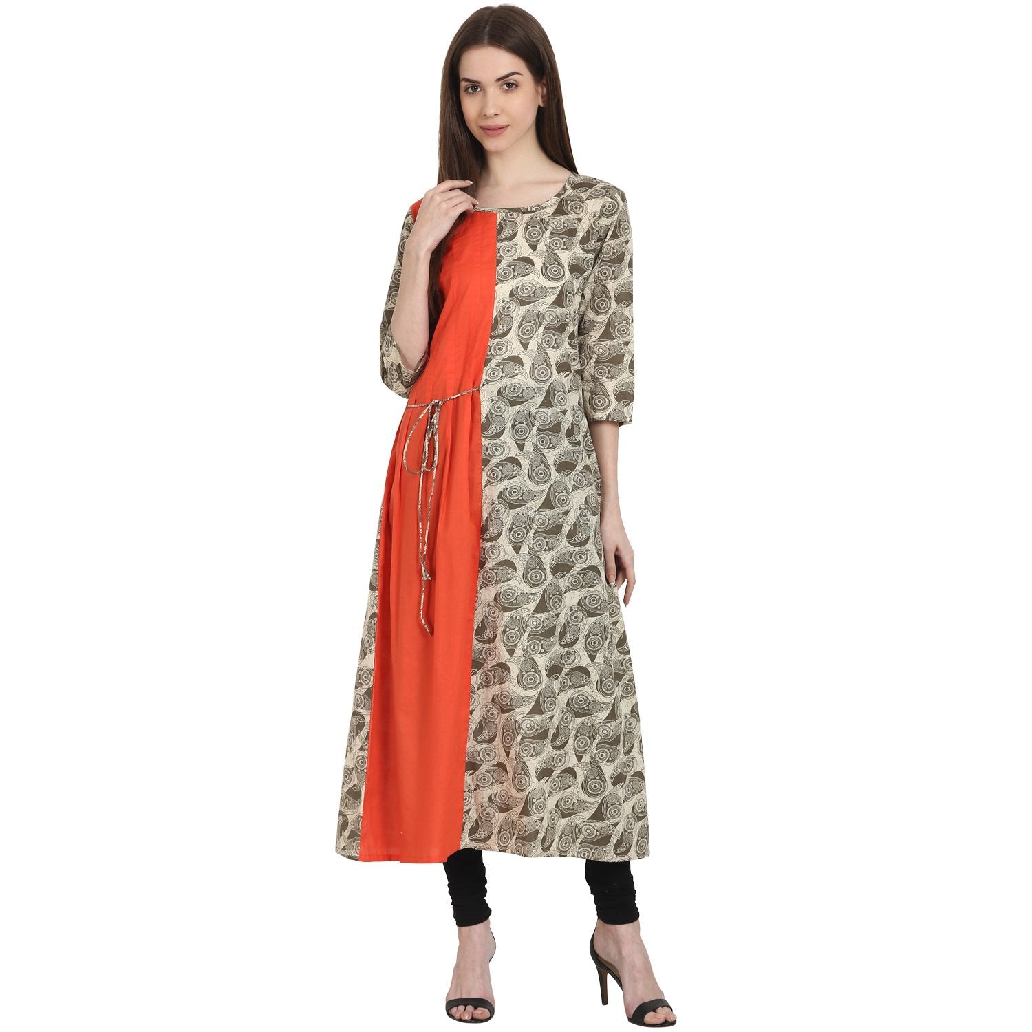 Women's Beige Printed 3/4 Sleeve Cotton Anarkali Kurta - Nayo Clothing