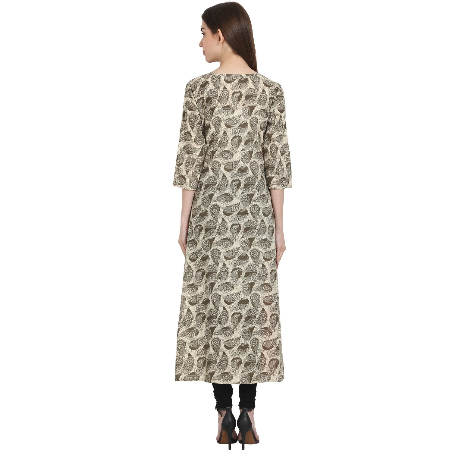 Women's Beige Printed 3/4 Sleeve Cotton Anarkali Kurta - Nayo Clothing