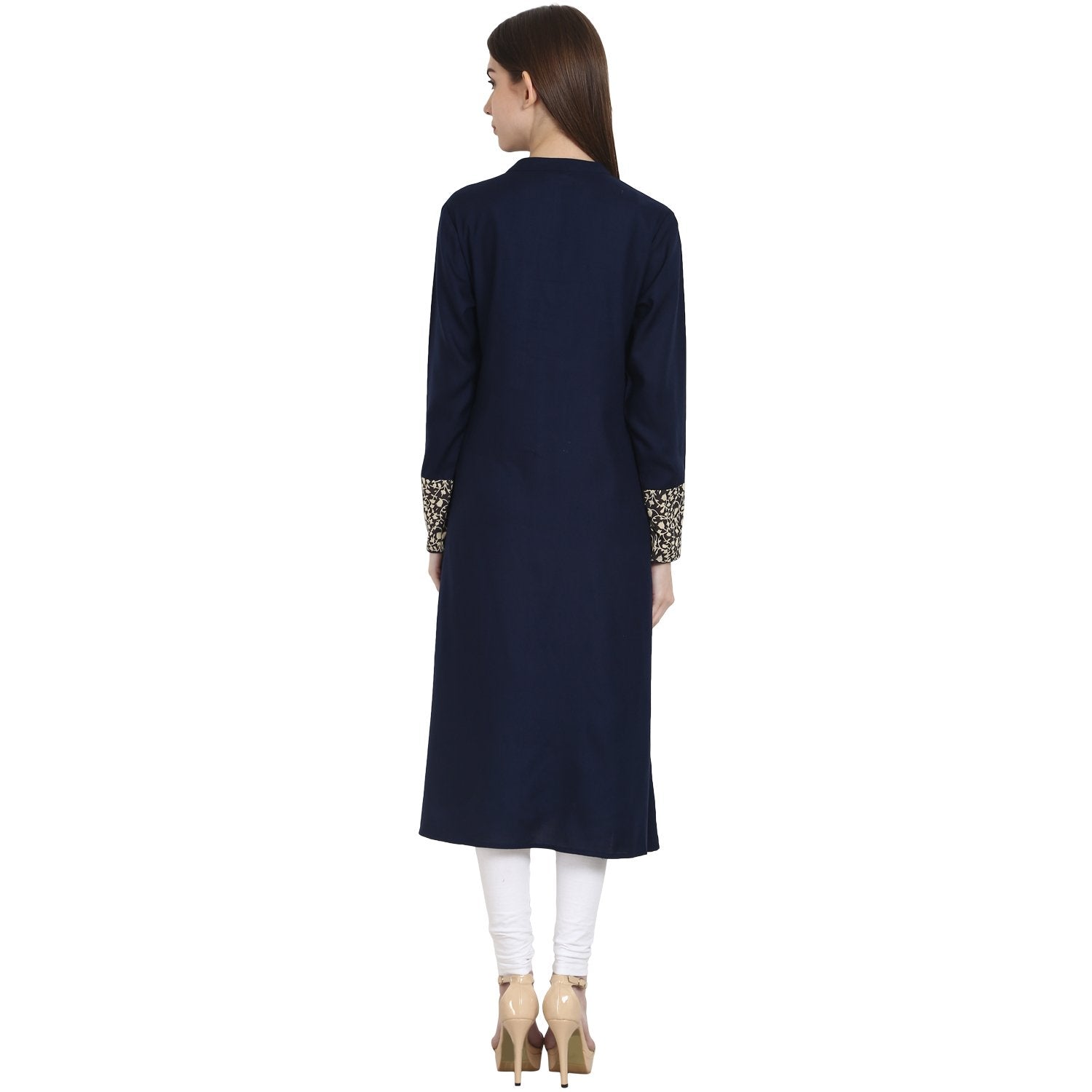 Women's Blue Full Sleeve Cotton A-Line Kurta - Nayo Clothing