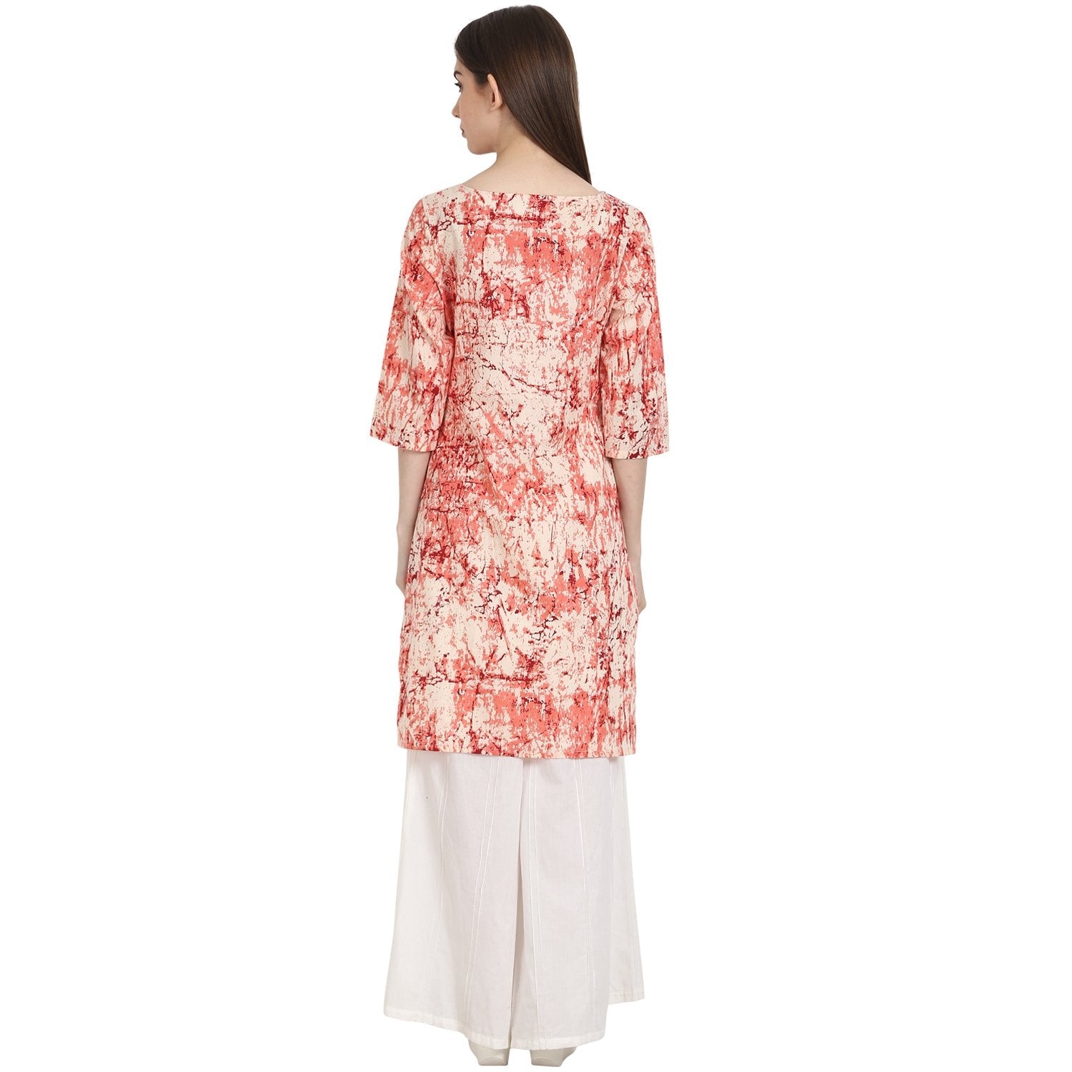 Women's Peach Printed 3/4 Sleeve Low High  Cotton Kurta - Nayo Clothing