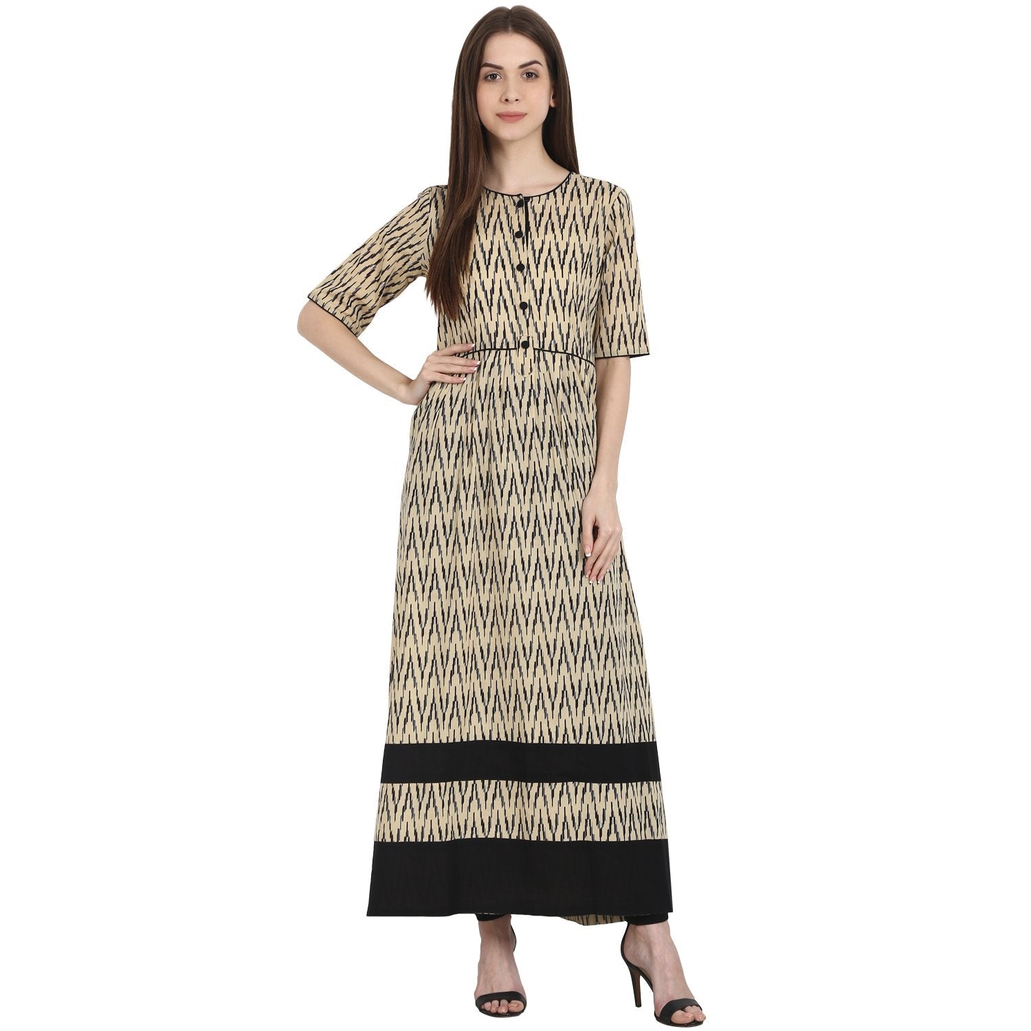 Women's Beige Printed Half Sleeve Cotton Long Kurta - Nayo Clothing