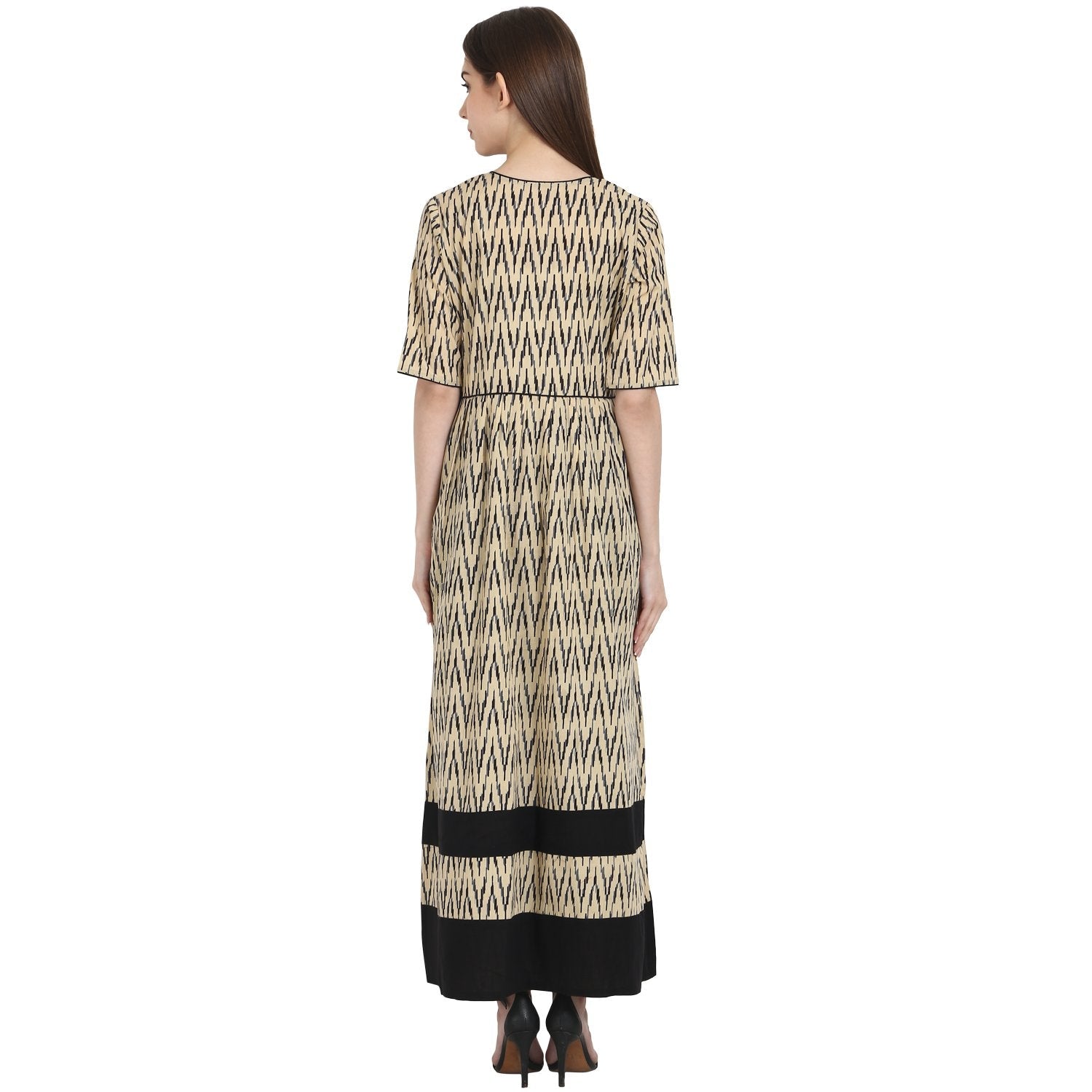 Women's Beige Printed Half Sleeve Cotton Long Kurta - Nayo Clothing