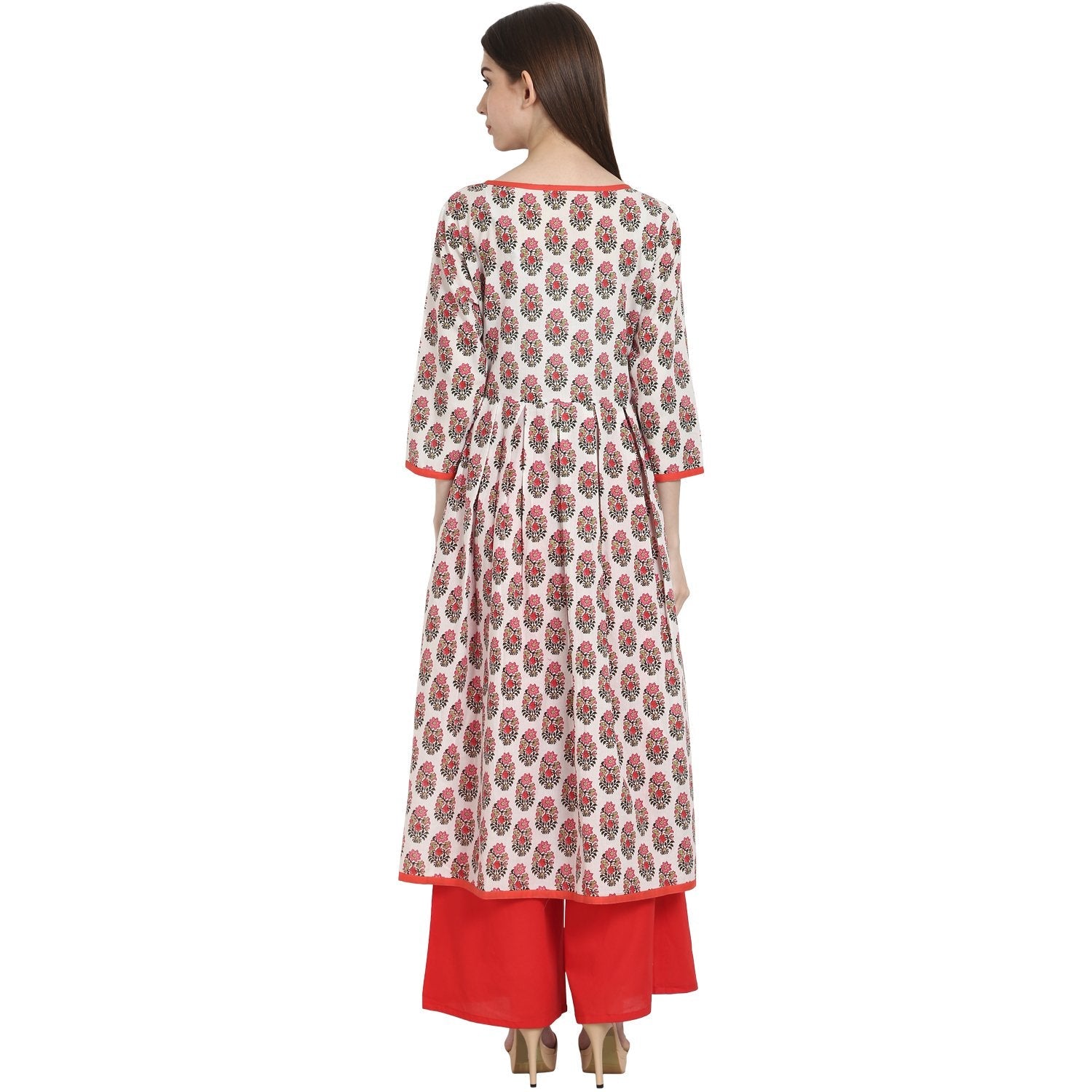 Women's White & Red Printed 3/4 Sleeve Cotton A-Line Kurta - Nayo Clothing