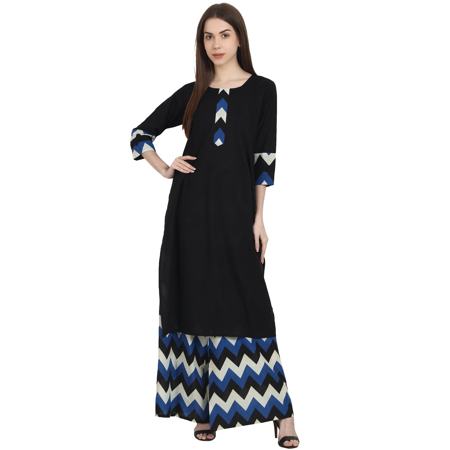 Women's Black 3/4 Sleeve Kurta With Blue Printed Ankle Length Plazzo - Nayo Clothing