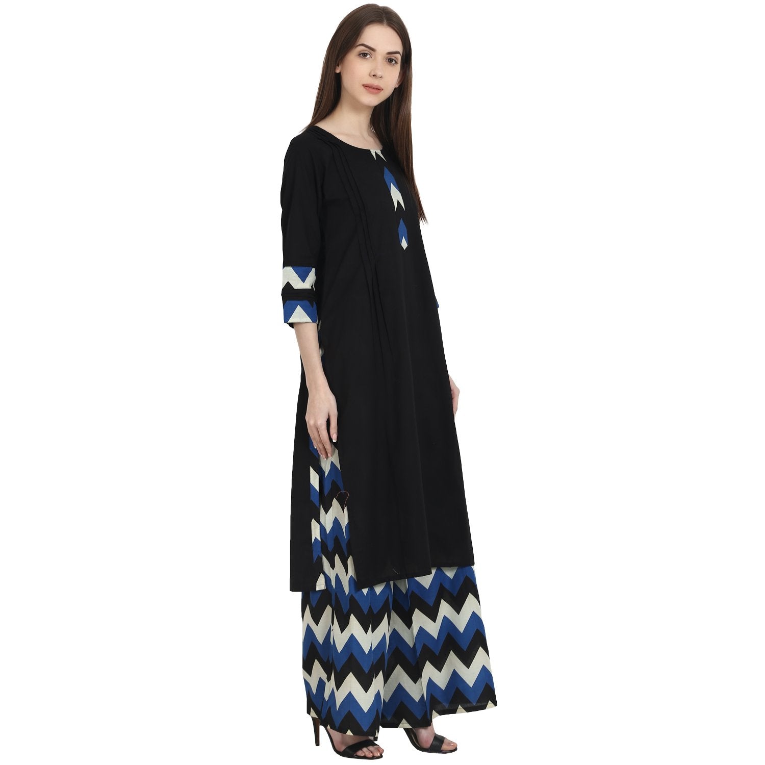 Women's Black 3/4 Sleeve Kurta With Blue Printed Ankle Length Plazzo - Nayo Clothing