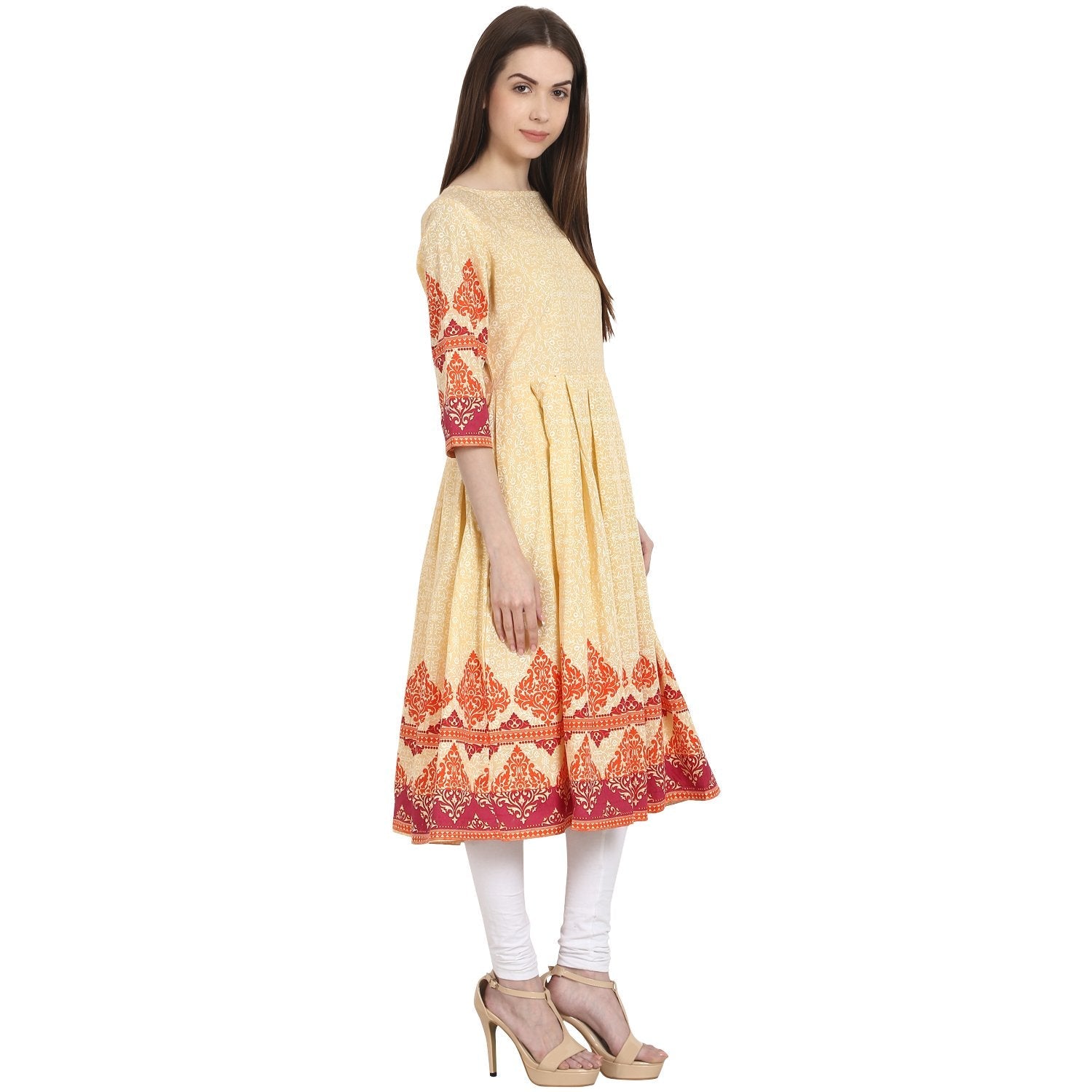 Women's Peack Printed 3/4 Sleeve Cotton Anarkali Kurta - Nayo Clothing