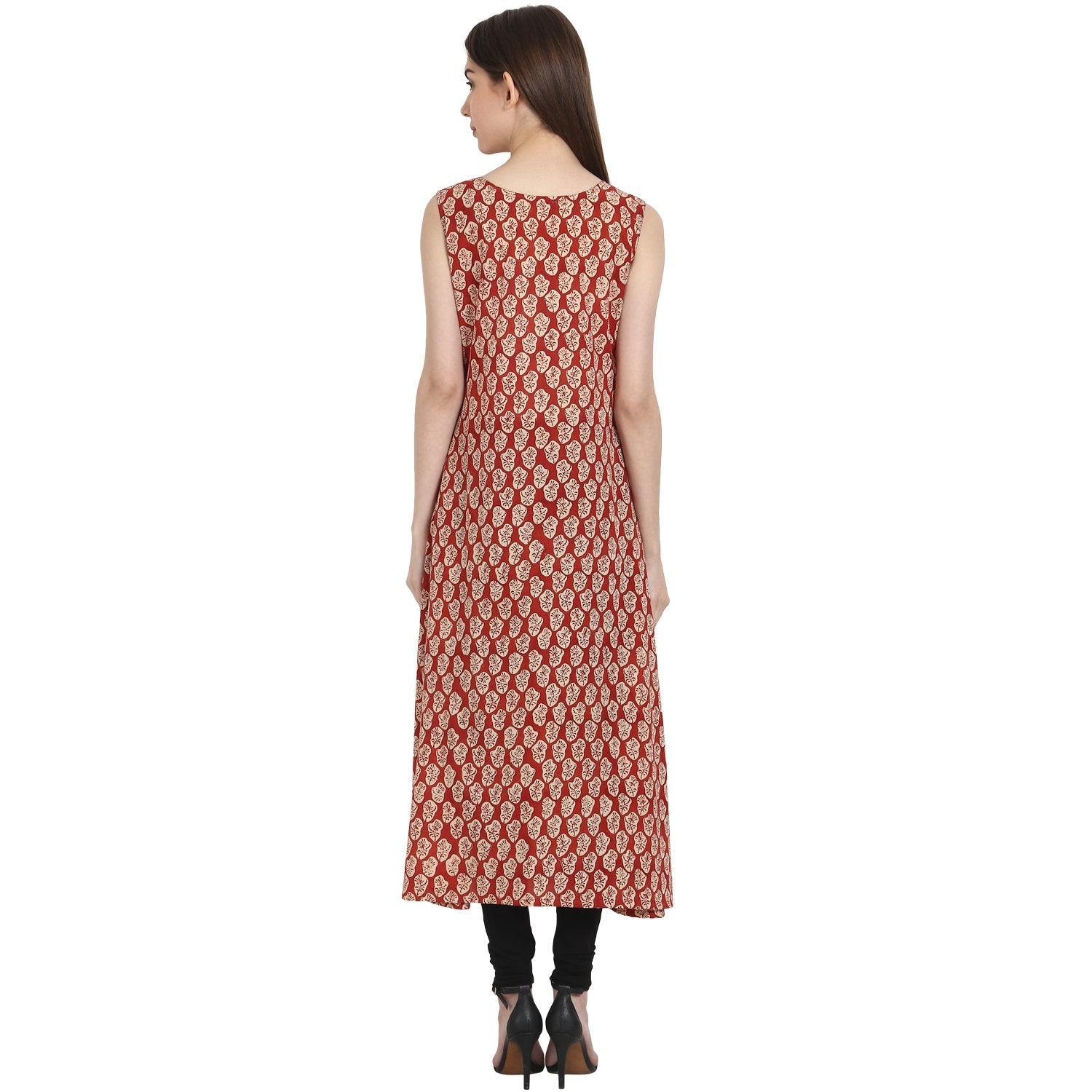 Women's Red Printed Sleevless Cotton A-Line Kurta - Nayo Clothing