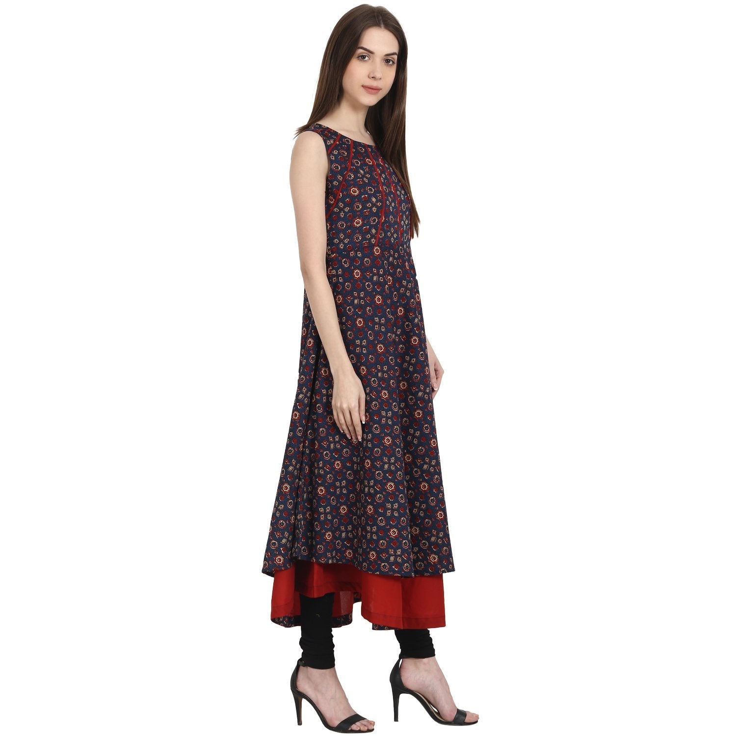 Women's Multi Printed Sleevless Cotton Anarkali Kurta With Red Inner - Nayo Clothing