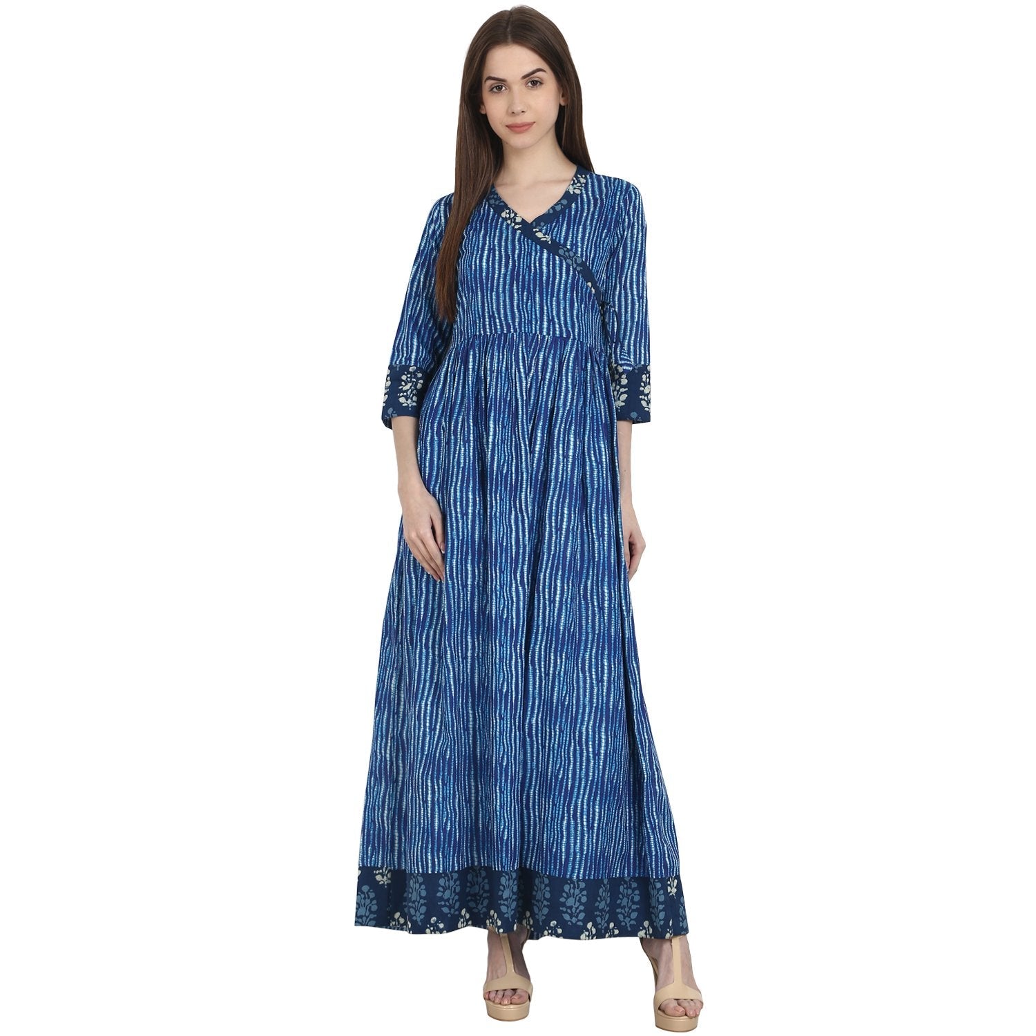 Women's Blue Printed 3/4 Sleeve Cotton Anghrakha Kurta - Nayo Clothing