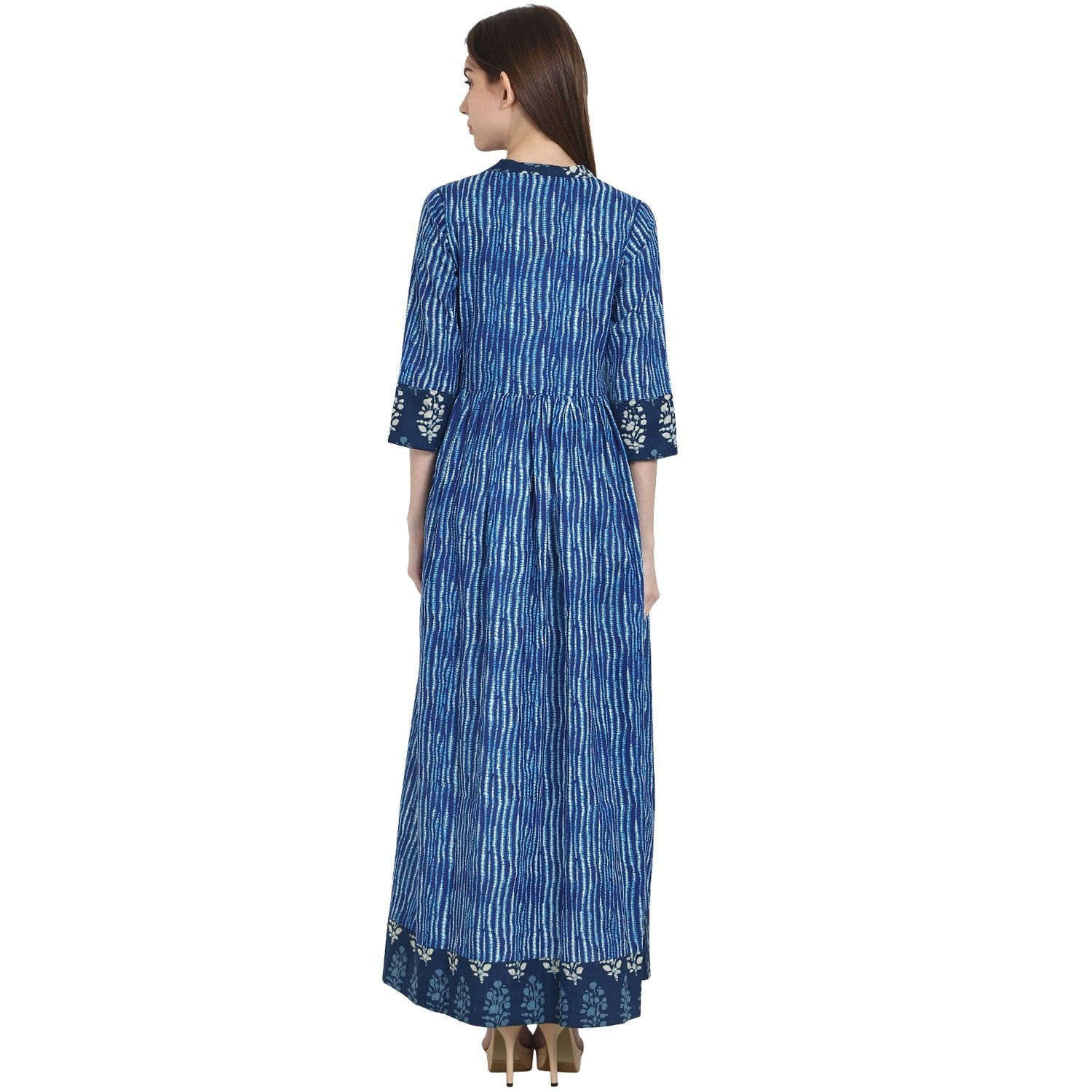 Women's Blue Printed 3/4 Sleeve Cotton Anghrakha Kurta - Nayo Clothing