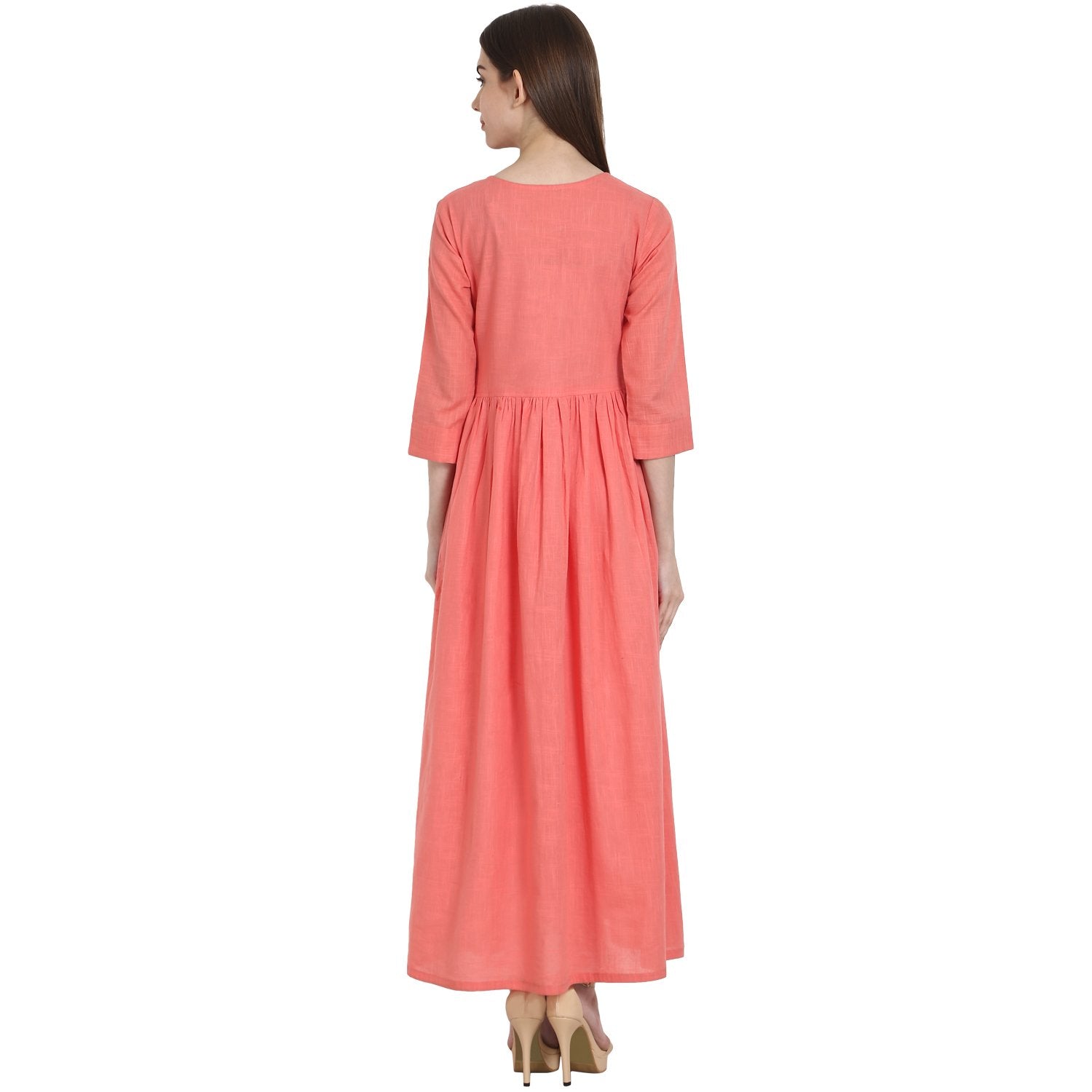 Women's Peach 3/4 Sleeve Cotton Slub A-Line Kurta - Nayo Clothing