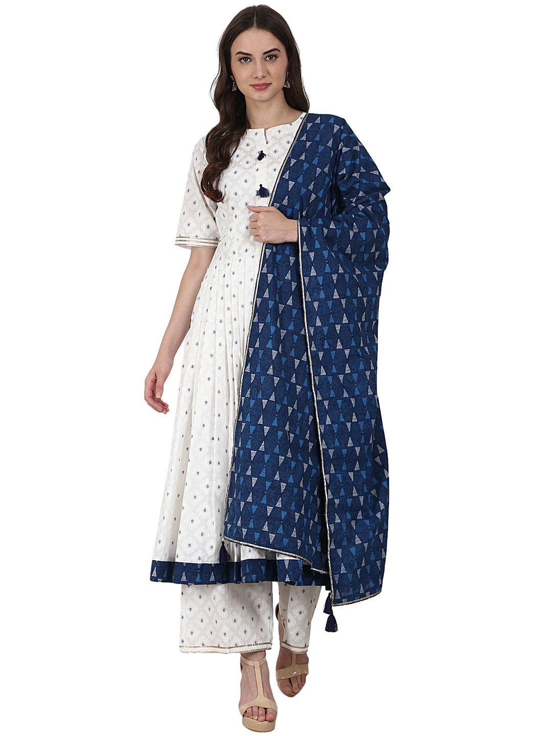 Women's White Golden Butta Printed Anarkali Kurta & Plazzo With Blue Printed Dupatta - Nayo Clothing