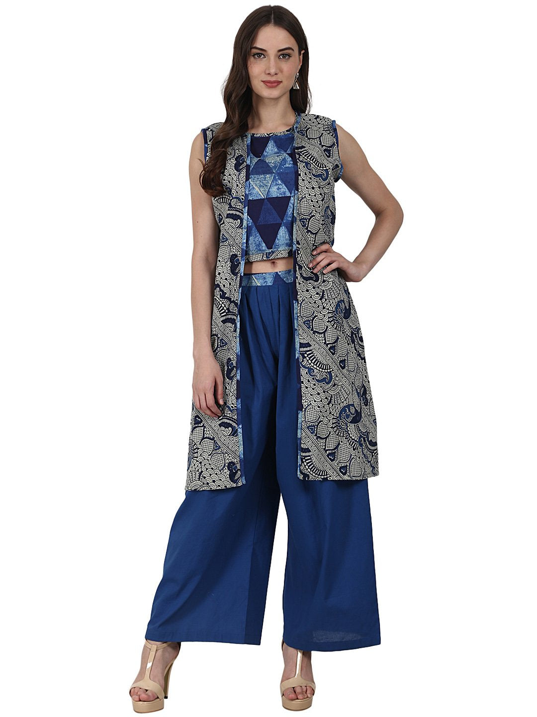Women's Blue Printed Top With Solid Ankle Length Plazzo & Sleevless Grey Printed Jacket - Nayo Clothing