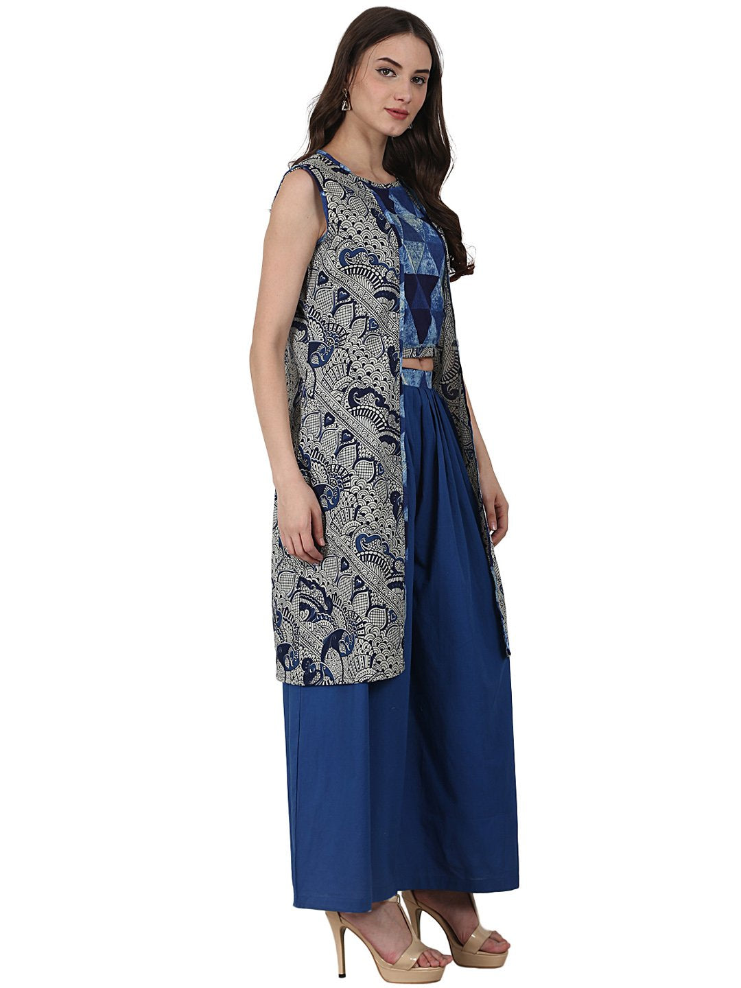 Women's Blue Printed Top With Solid Ankle Length Plazzo & Sleevless Grey Printed Jacket - Nayo Clothing