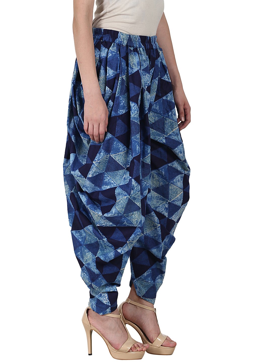 Women's Blue Printed Ankle Length Cotton Dhoti - Nayo Clothing